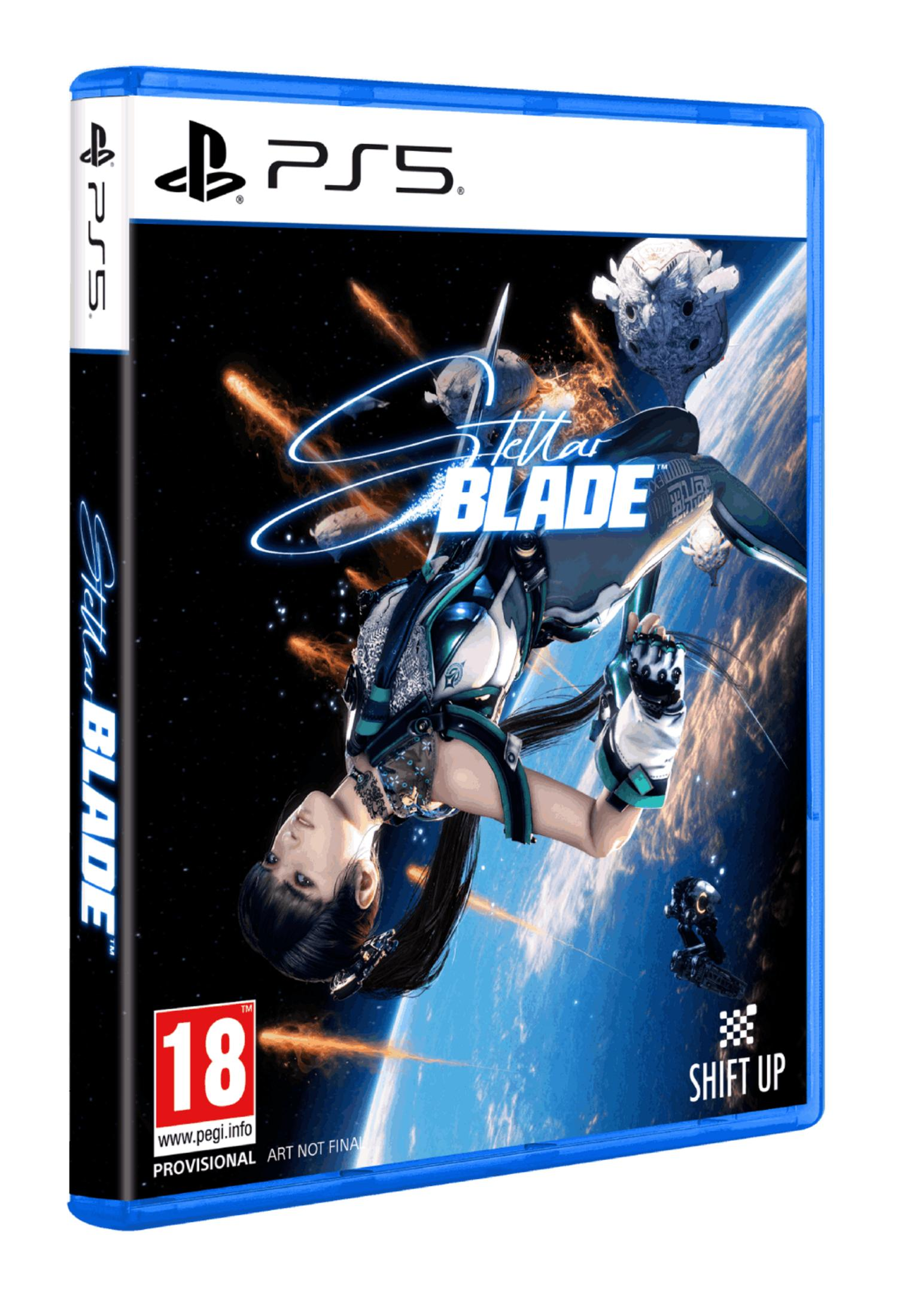 Caja de juego PS5: mujer con traje de ciencia ficción, fondo espacial, logo Stellar Blade.