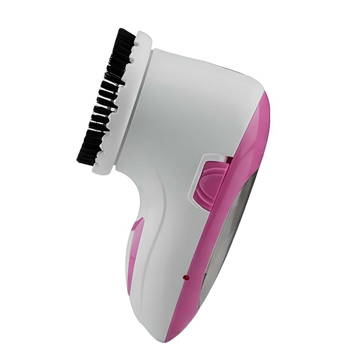 Ein weißer und pinker Fusselentferner mit schwarzer Bürste.