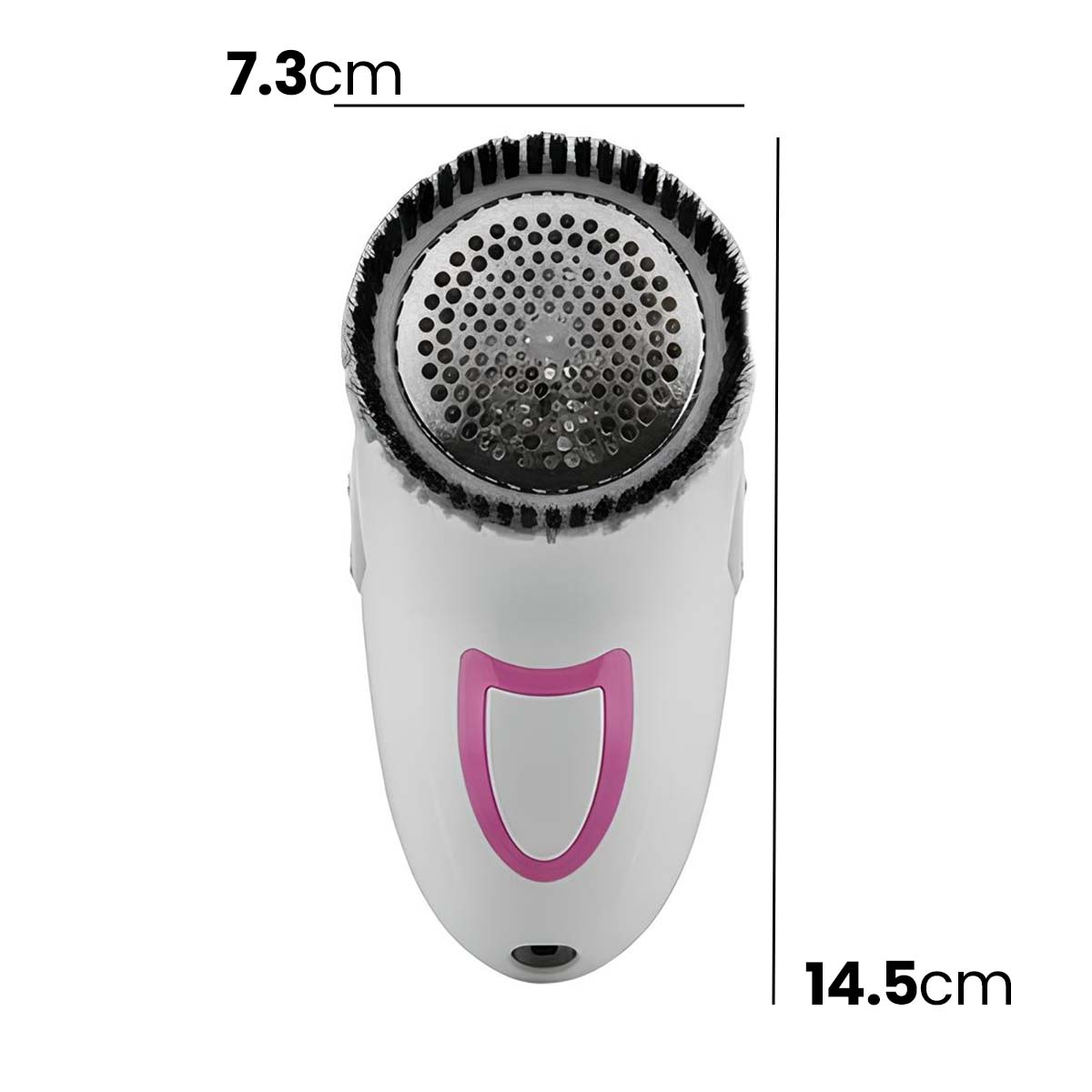 Ein weißer Fusselentferner mit rosa Akzenten und Metallgitter. Maße: 7,3cm breit, 14,5cm hoch.