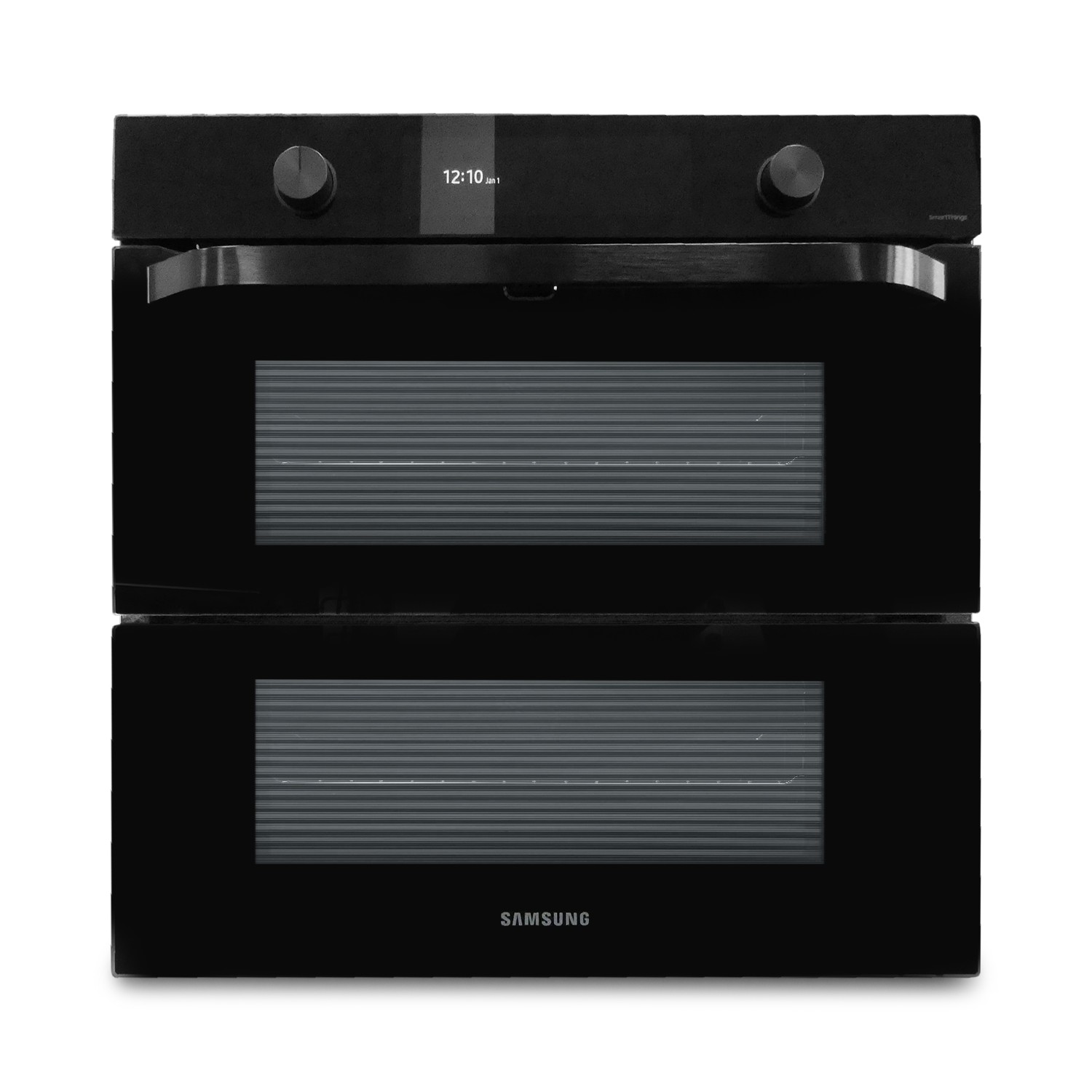 Ein schwarzer Samsung-Doppelbackofen mit Glasfront und digitaler Anzeige.