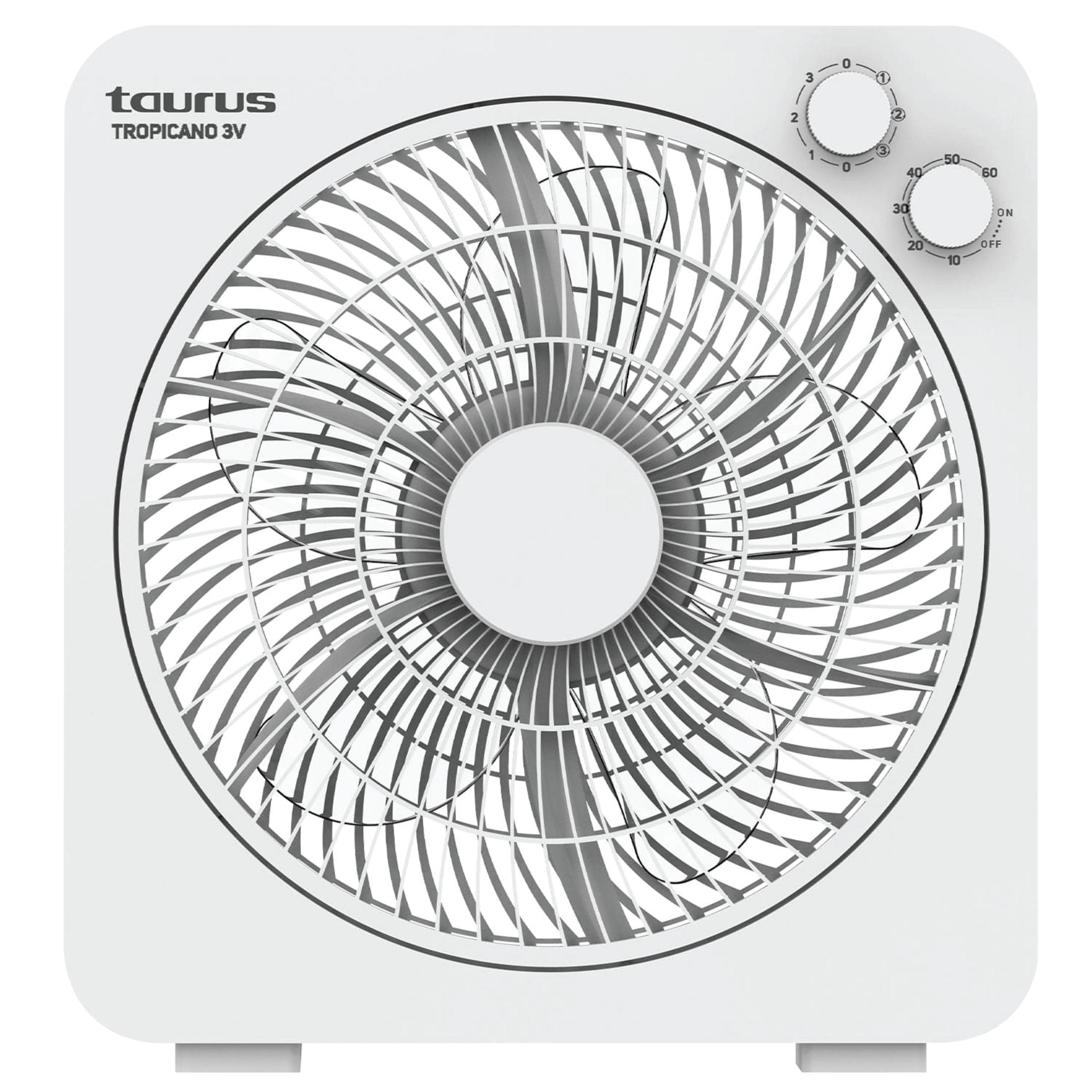 Un ventilador blanco Taurus Tropicano 3V con aspas y dos diales de control.