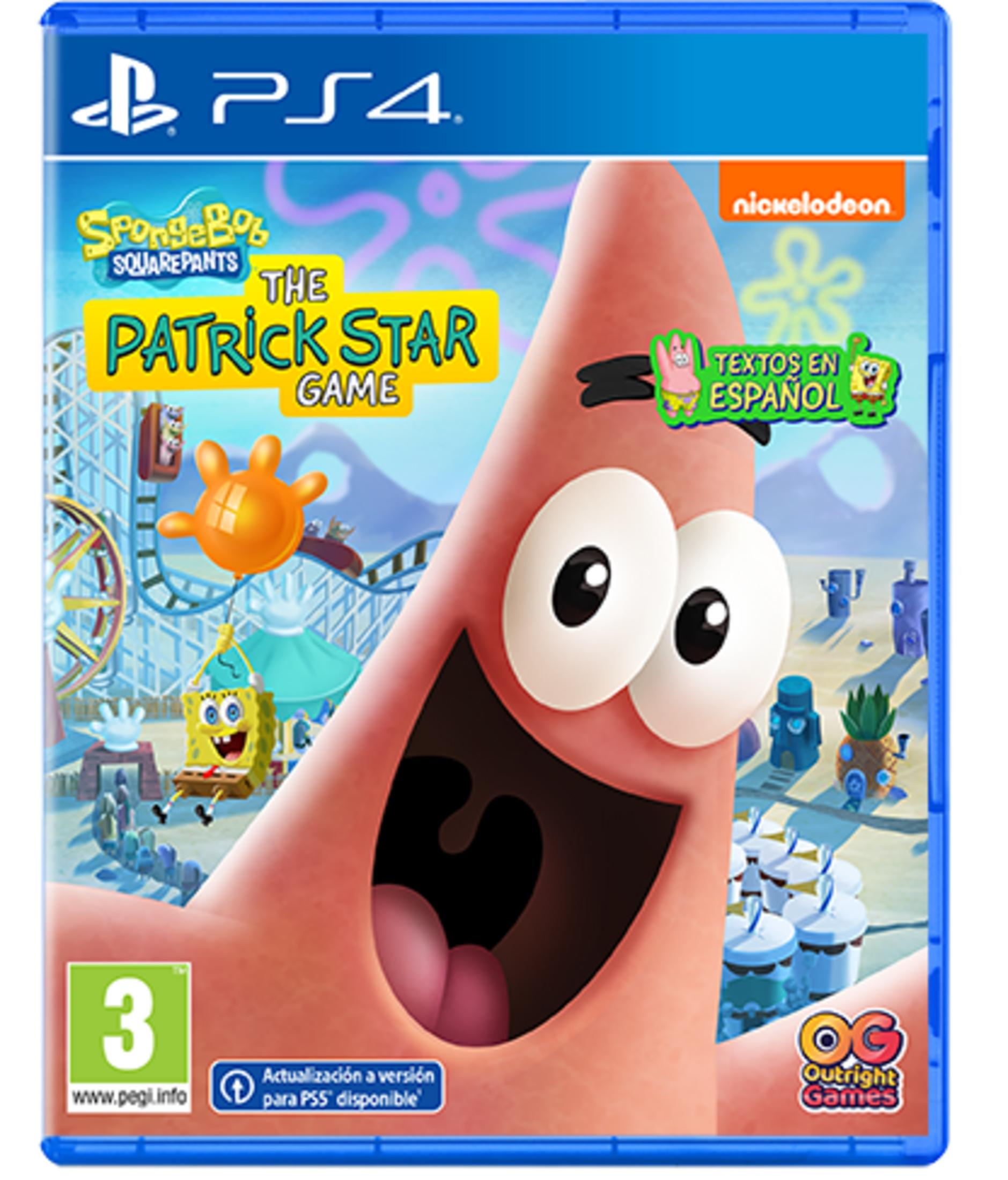 Gioco PS4 "The Patrick Star Game" con Patrick e Spongebob su una montagna russa.