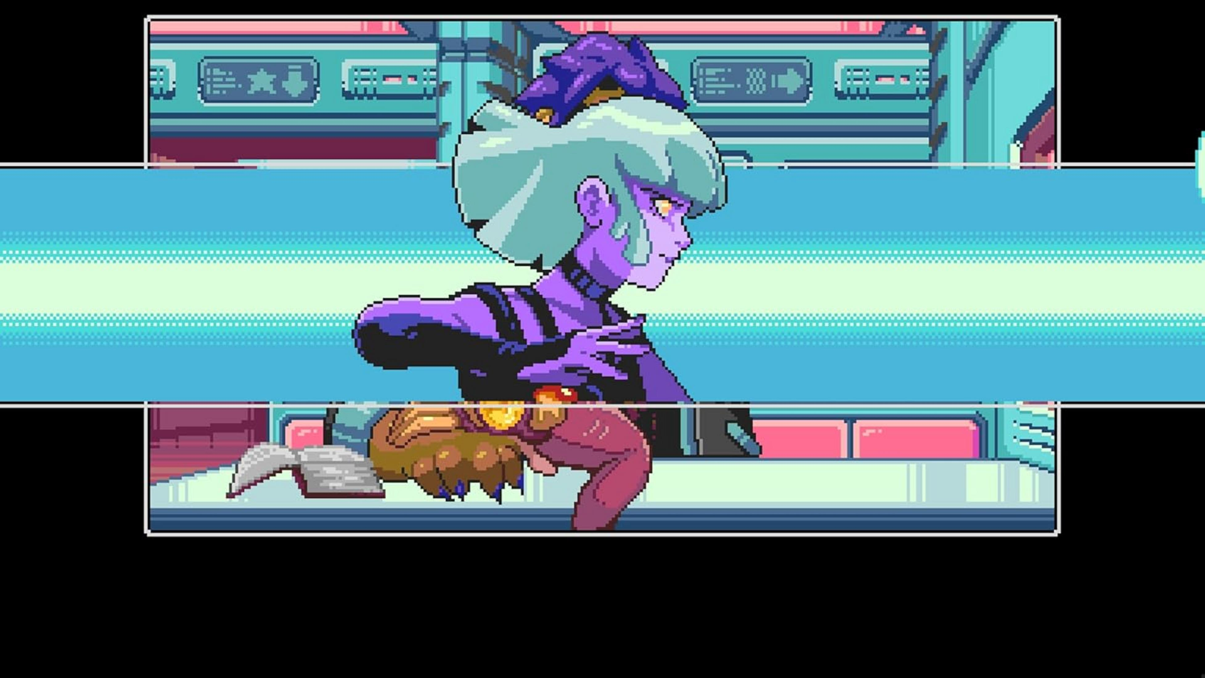 Personaggio pixel art con capelli turchesi e pelle viola, vicino a un libro aperto.
