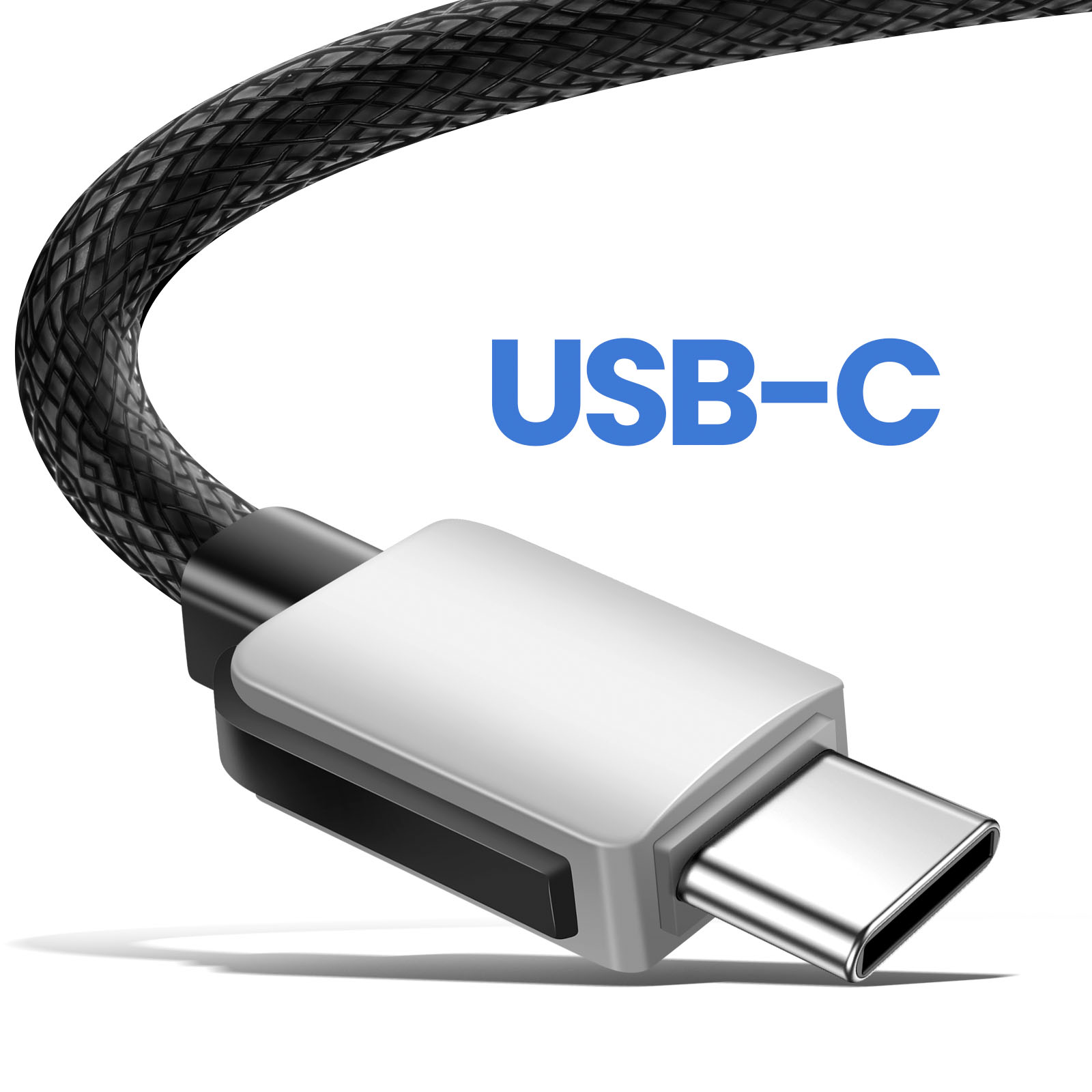 Ein schwarzes USB-C-Kabel mit silbernem Stecker auf weißem Hintergrund.