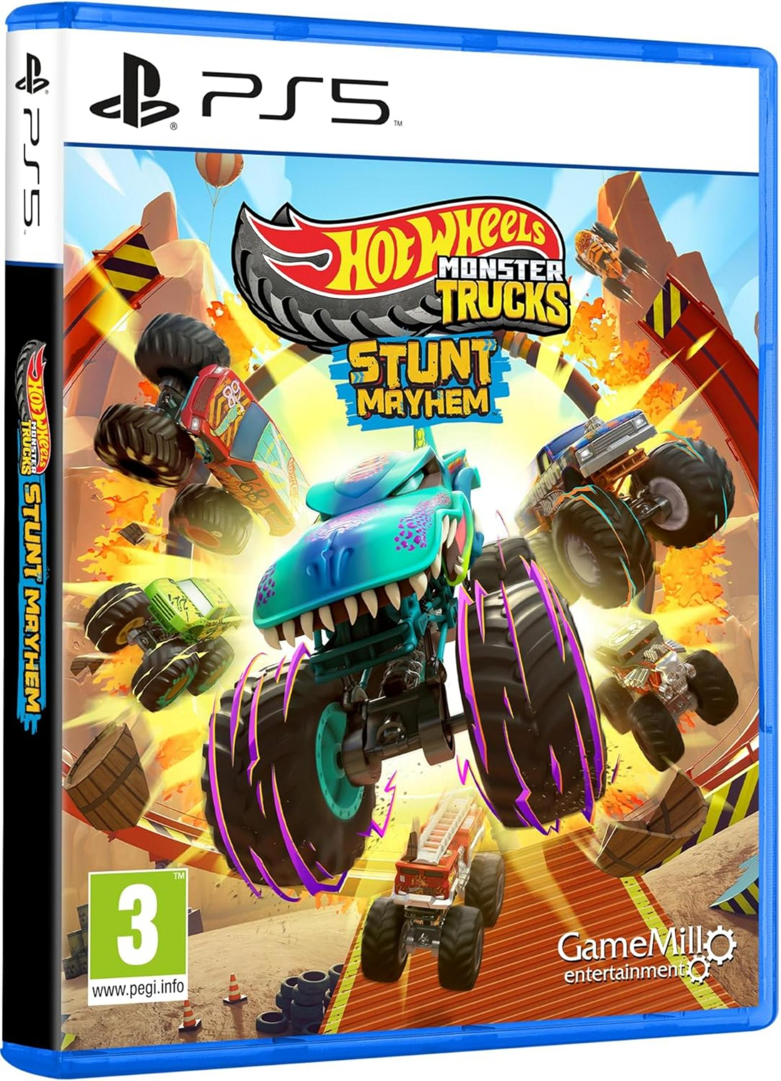 Copertina del gioco Hot Wheels Monster Trucks Stunt Mayhem con vari monster truck in azione.