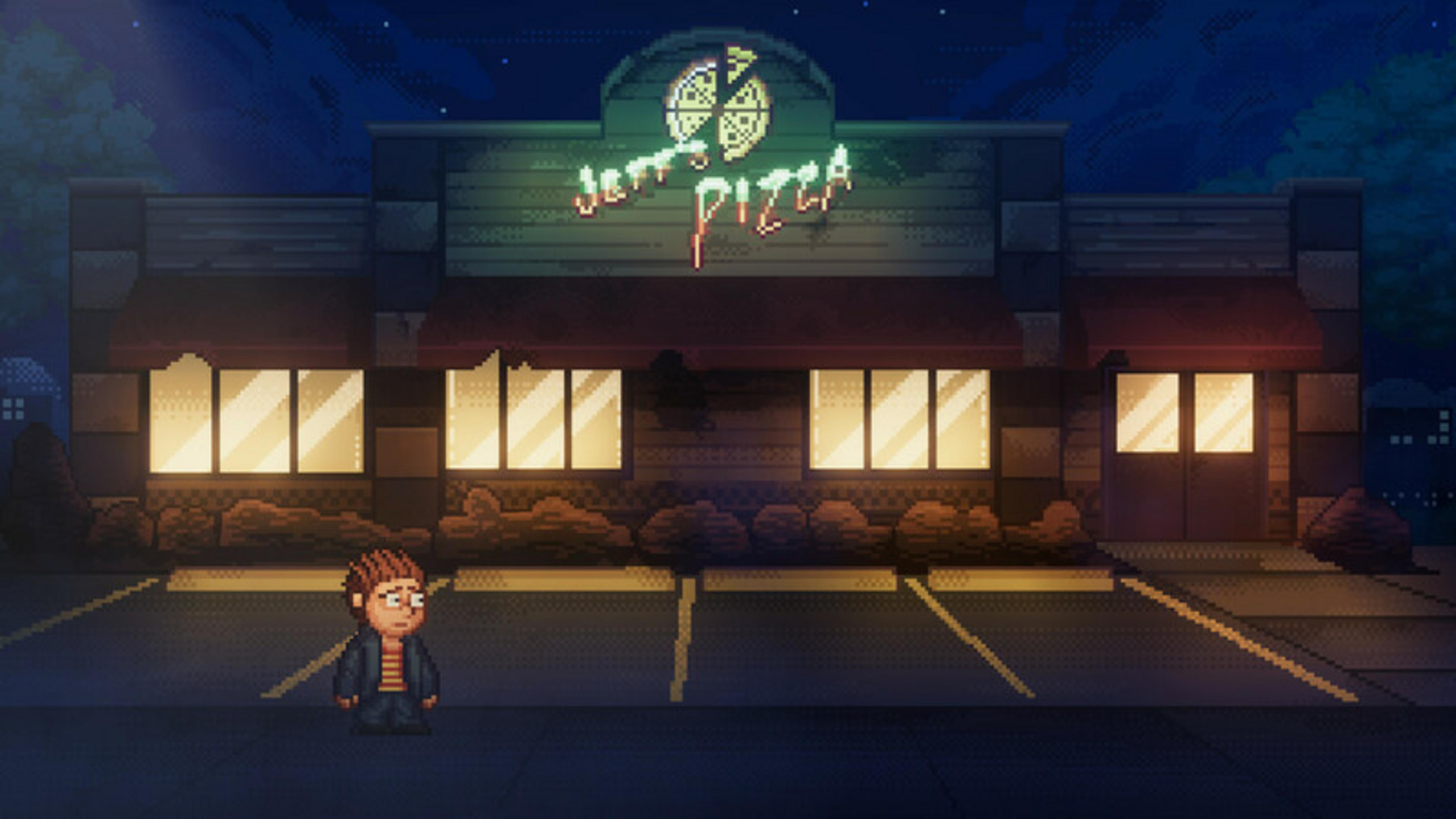 Un chico frente a una pizzería con letrero de neón por la noche. Árboles y edificios detrás.