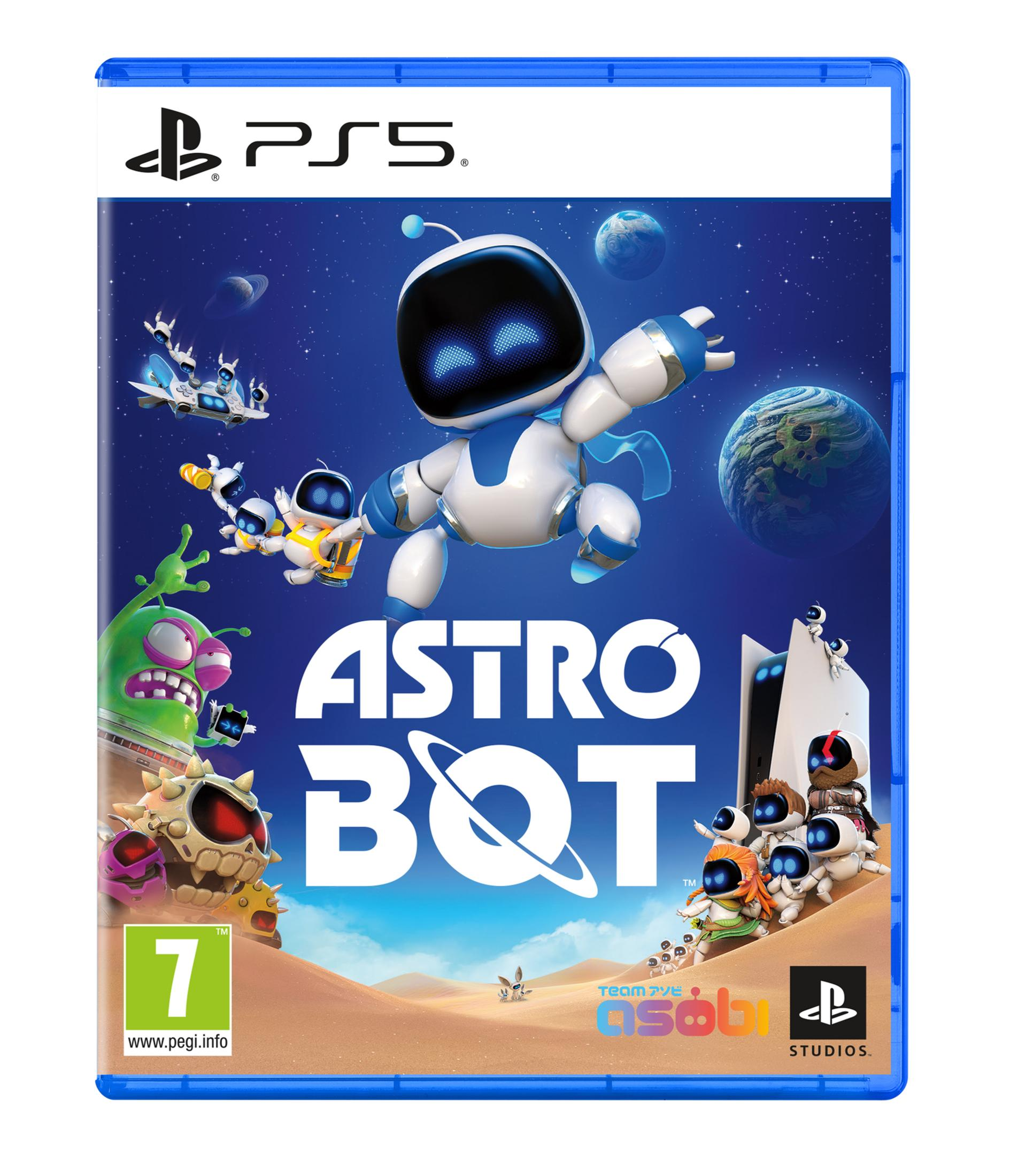 Copertina gioco Astro Bot PS5 con Astro Bot, alieni e pianeti nello spazio.