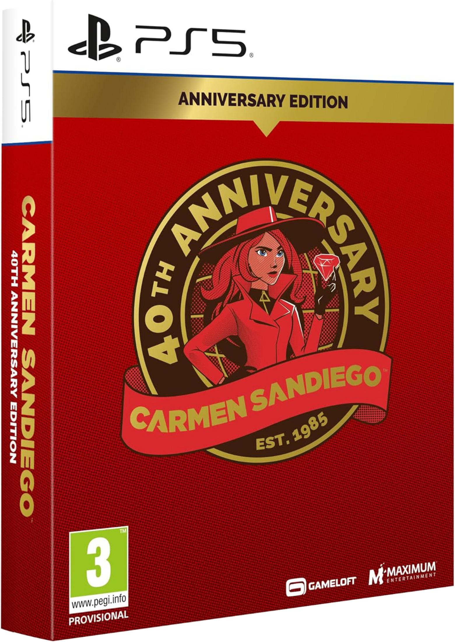 Scatola gioco PS5 Carmen Sandiego 40th Anniversary Edition, design rosso con personaggio fumetto.