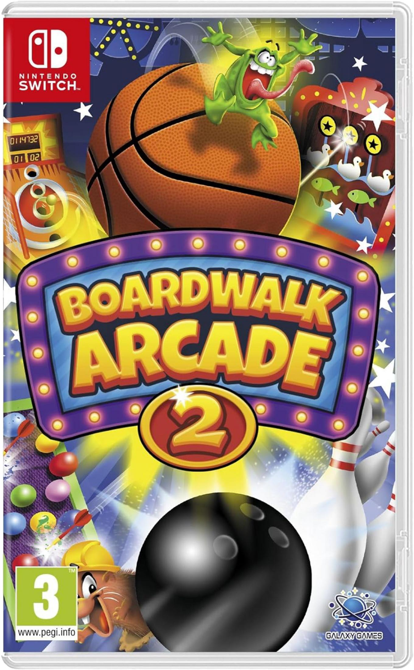 Portada del juego con baloncesto, bolos, rana y el título Boardwalk Arcade 2.