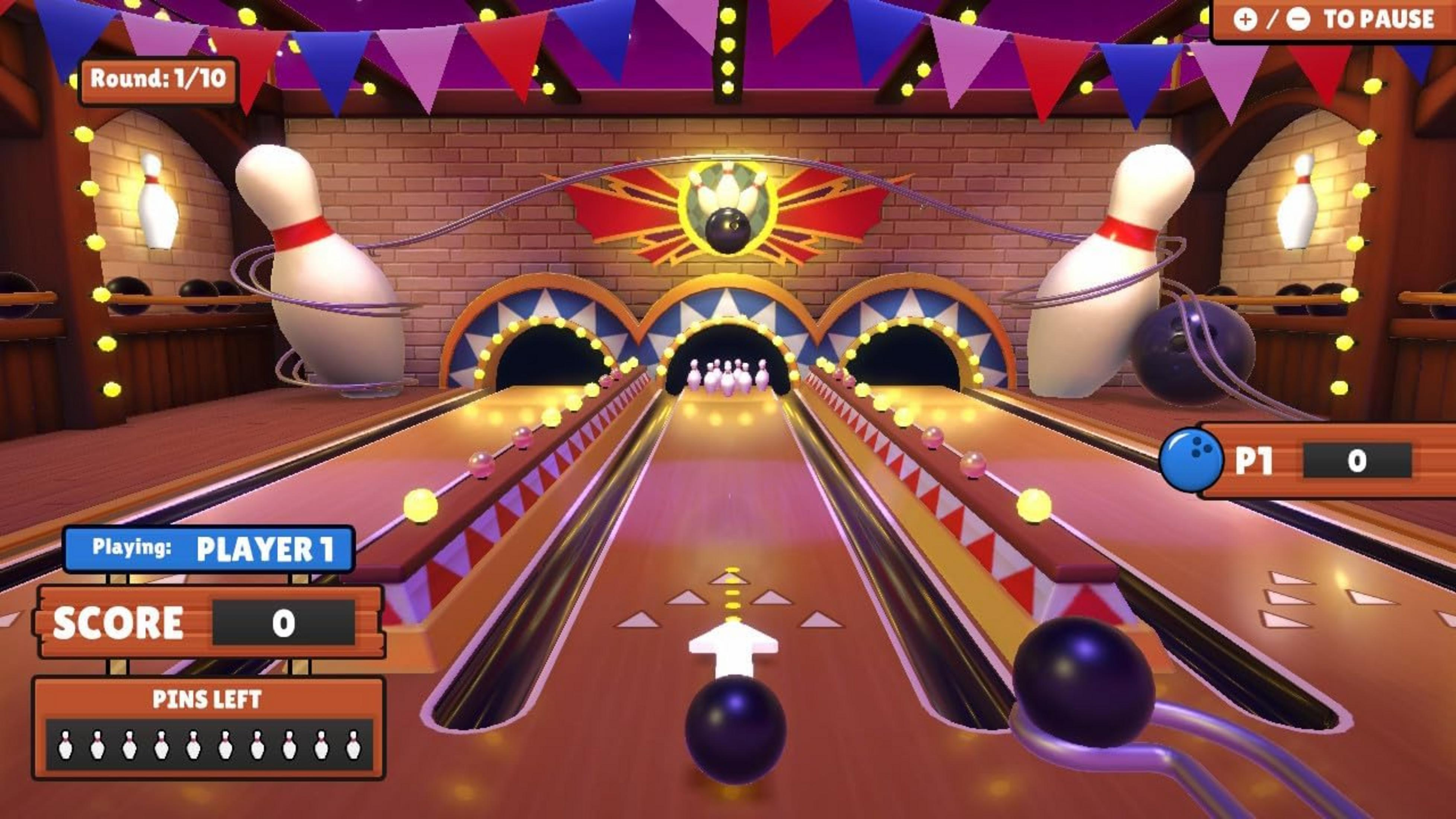 Pista de bolos con guirnaldas coloridas, luces y bolos. Puntuación y pantalla de jugador visibles.