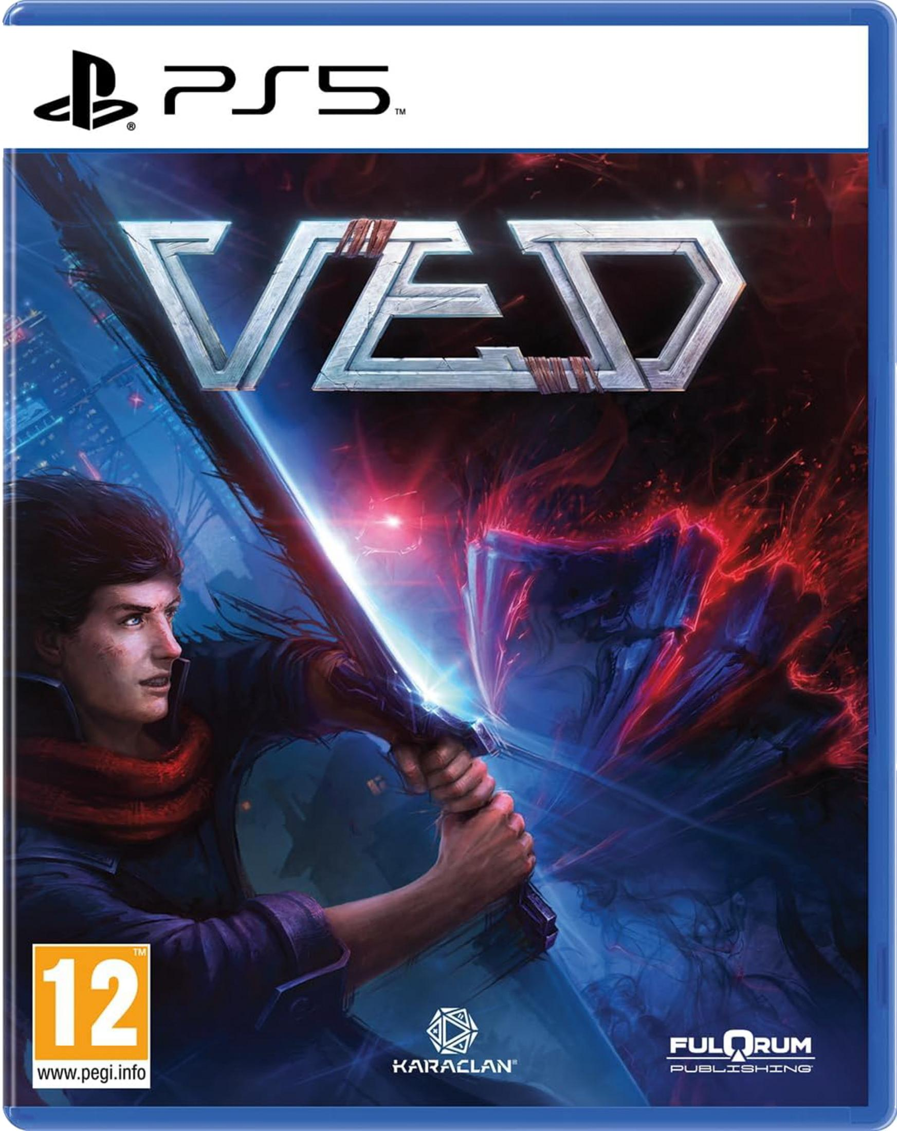 Uomo con spada, logo PS5. Sfondo blu e rosso. PEGI 12.