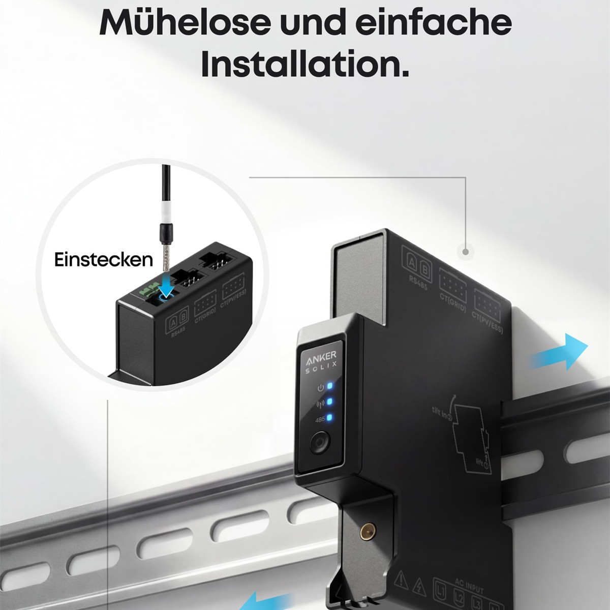 Ein schwarzes Anker Solix Gerät wird auf einer Hutschiene montiert. Ein Stecker wird eingesteckt.
