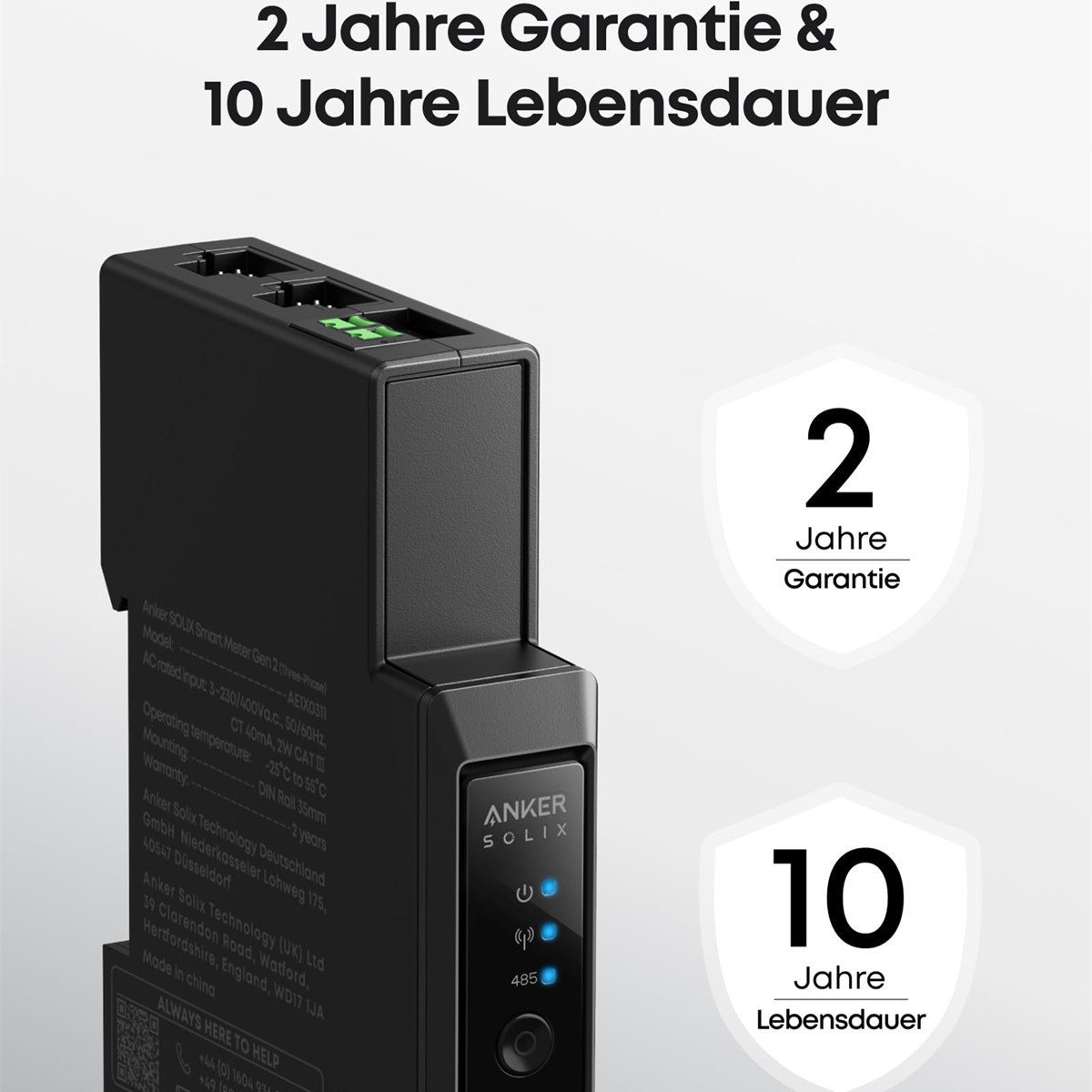 Schwarzes Anker SOLIX Smart Meter Gen 2 mit Garantie- und Lebensdauerangaben.