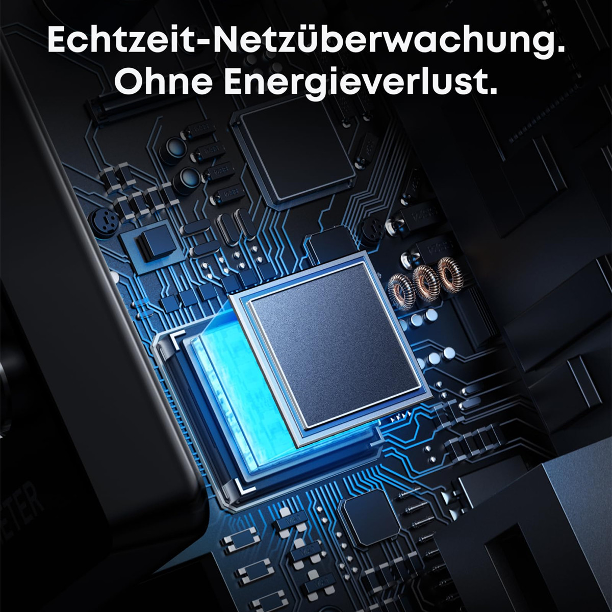 Nahaufnahme einer Computerplatine mit leuchtenden blauen Schaltkreisen und einem zentralen Chip.