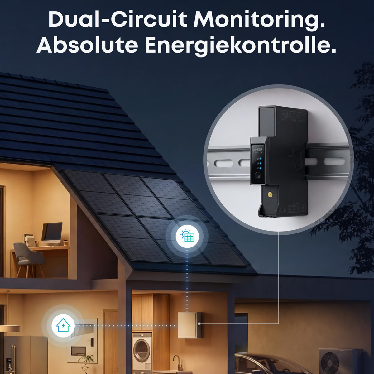 Haus mit Solarmodulen, Innenansicht und Überwachungsgerät auf einer Schiene.
