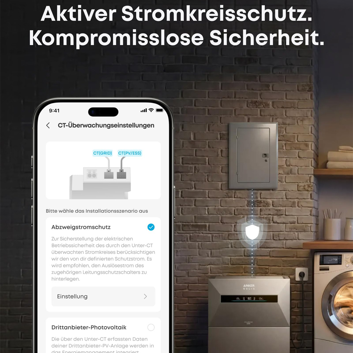 Smartphone zeigt Stromkreisüberwachung-Einstellungen mit einer Auswahloption.