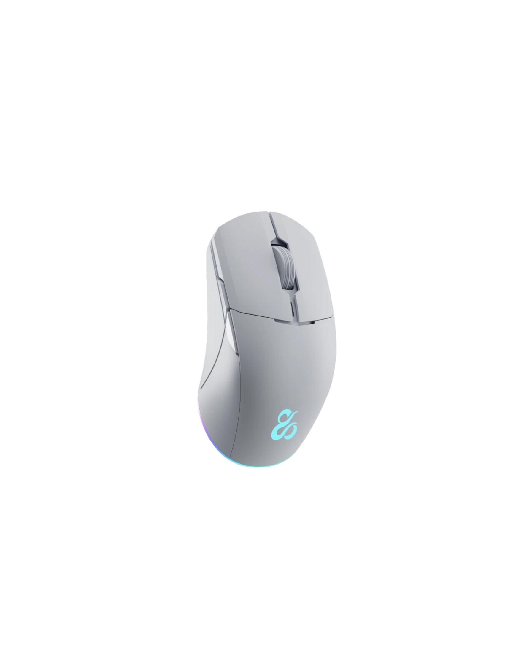 Un mouse bianco per computer con logo blu e illuminazione RGB in basso.