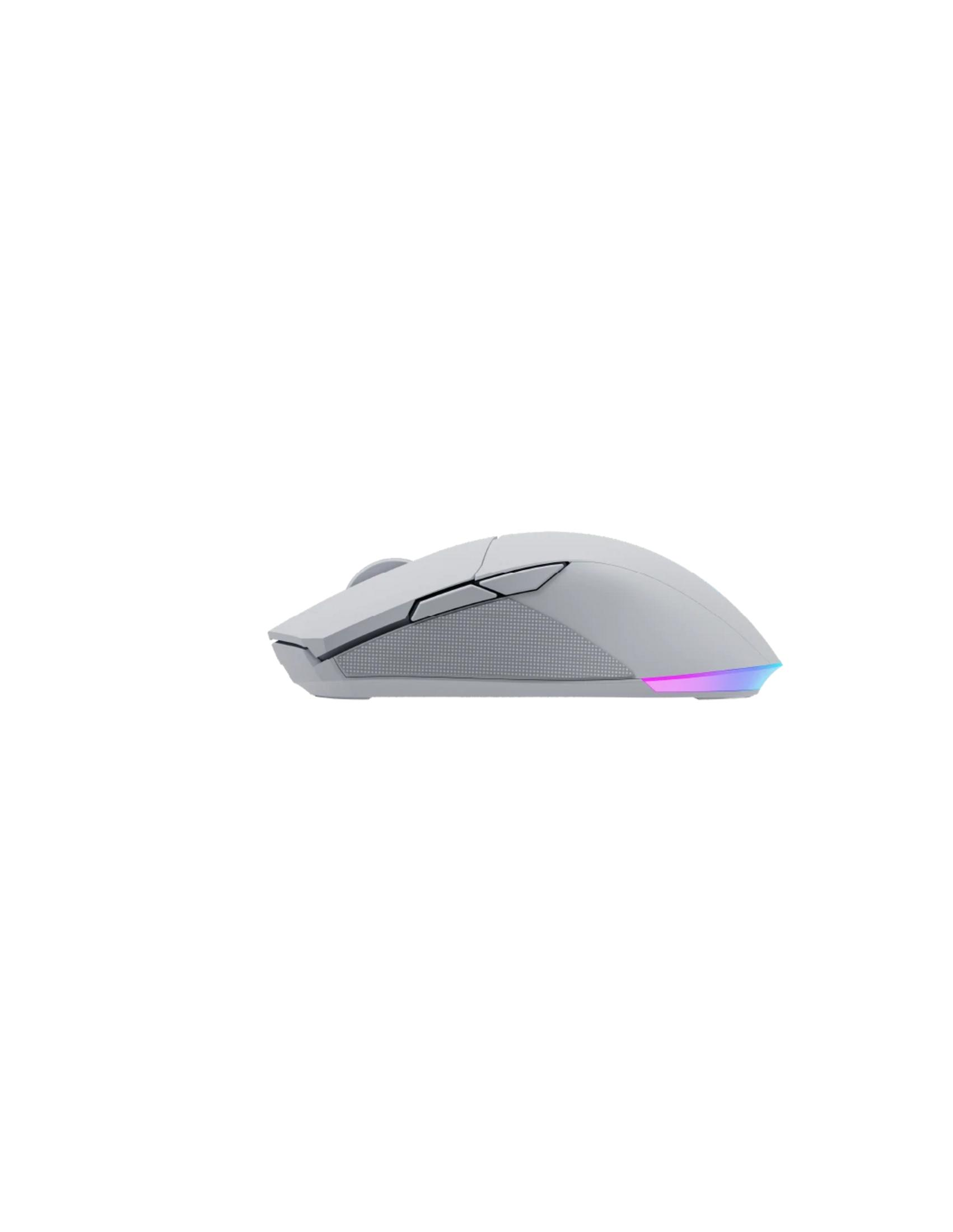 Un mouse grigio per computer con illuminazione RGB posteriore.
