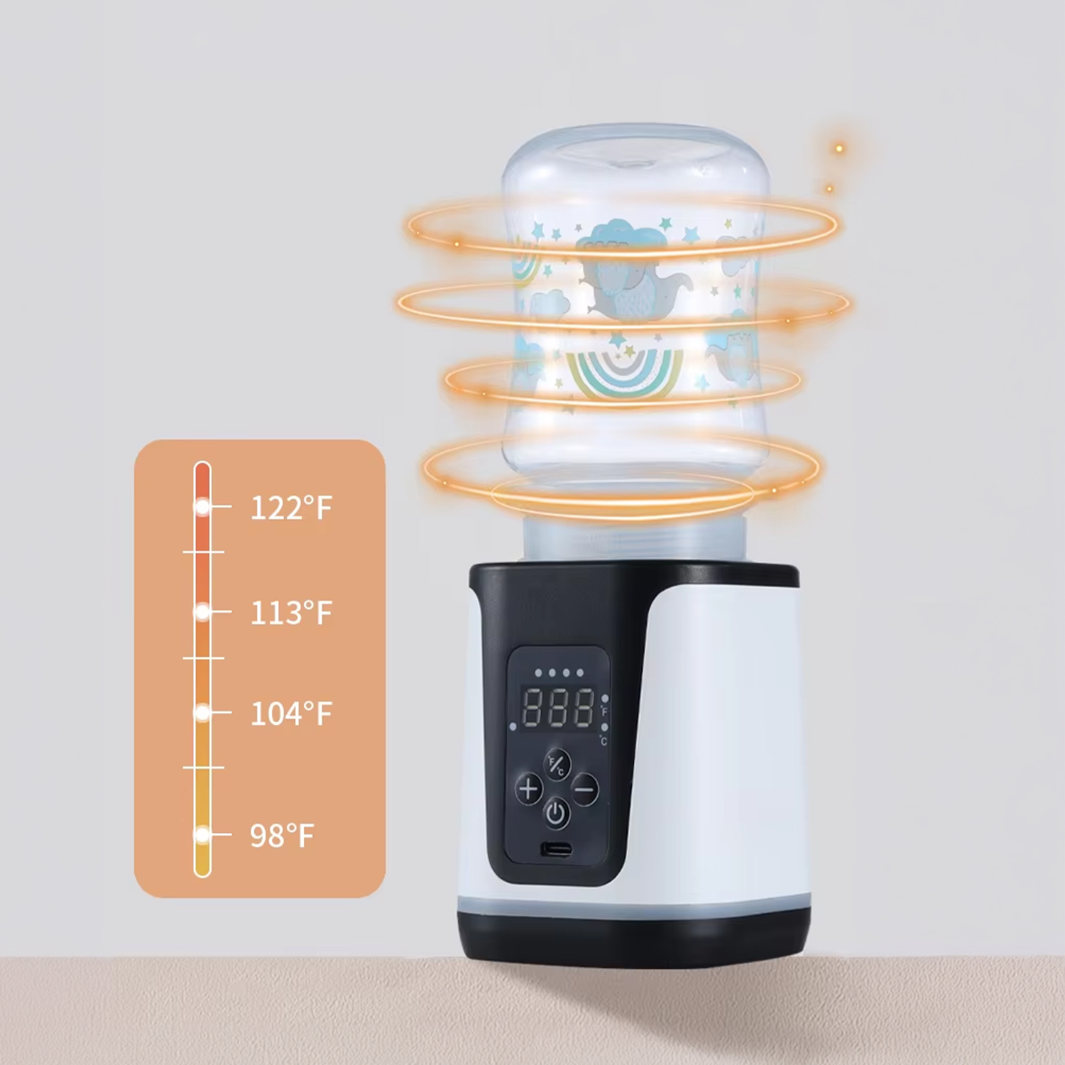 Ein Babyflaschenwärmer mit digitaler Anzeige und Temperaturregler.