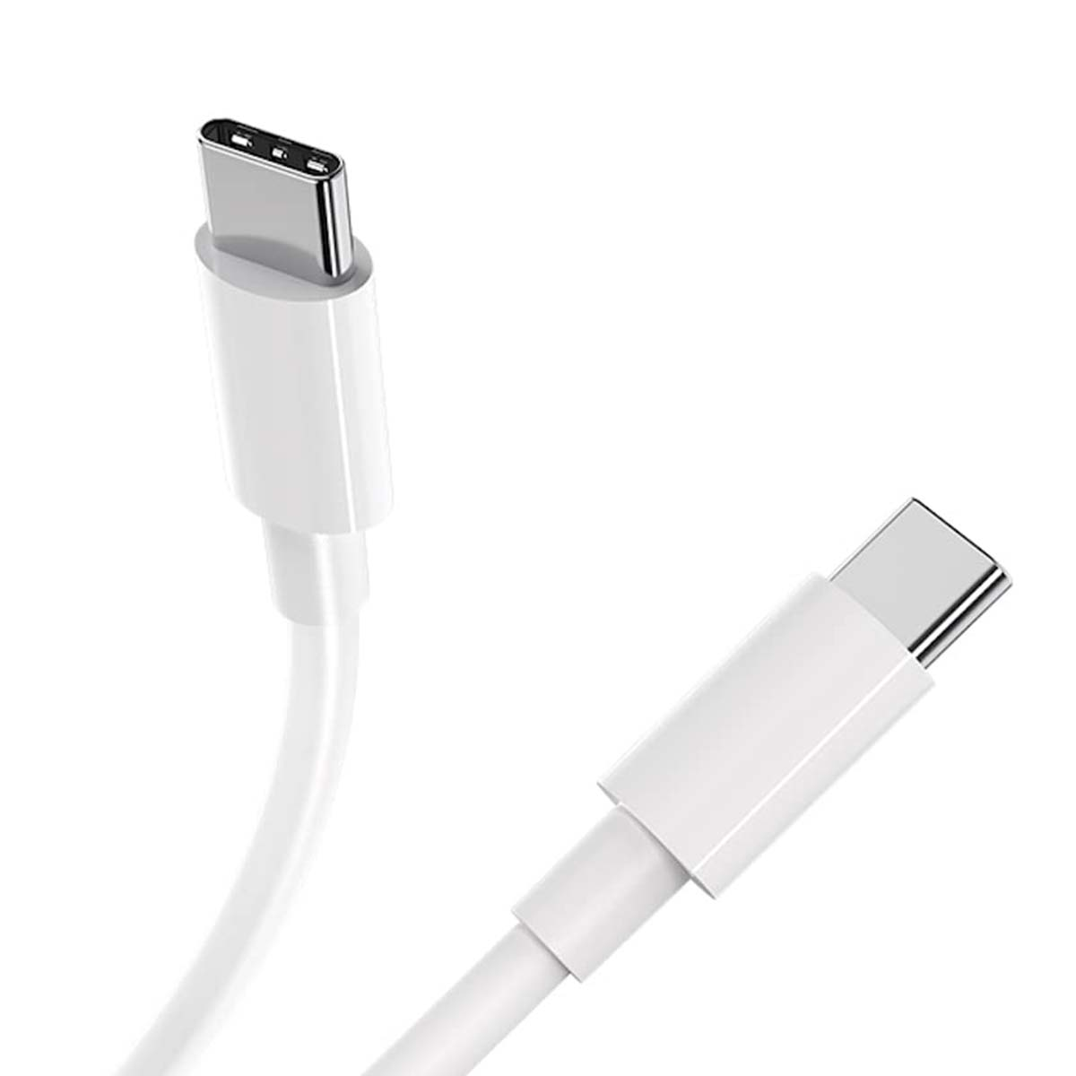 Zwei weiße USB-C-Kabel mit silbernen Anschlüssen auf weißem Hintergrund.