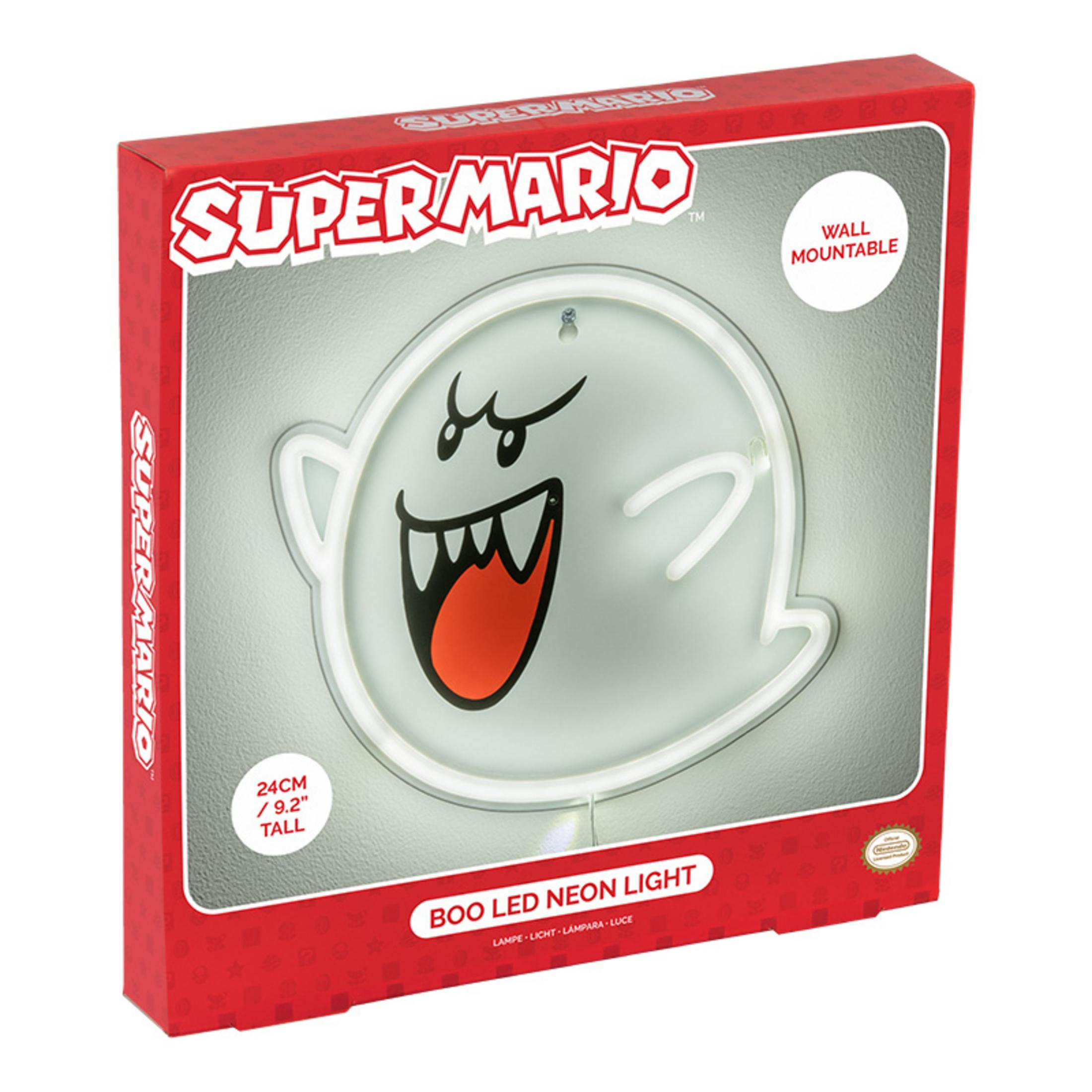 Lampa neonowa LED Super Mario Boo w czerwonym pudełku, wys. 24cm, ścienna.