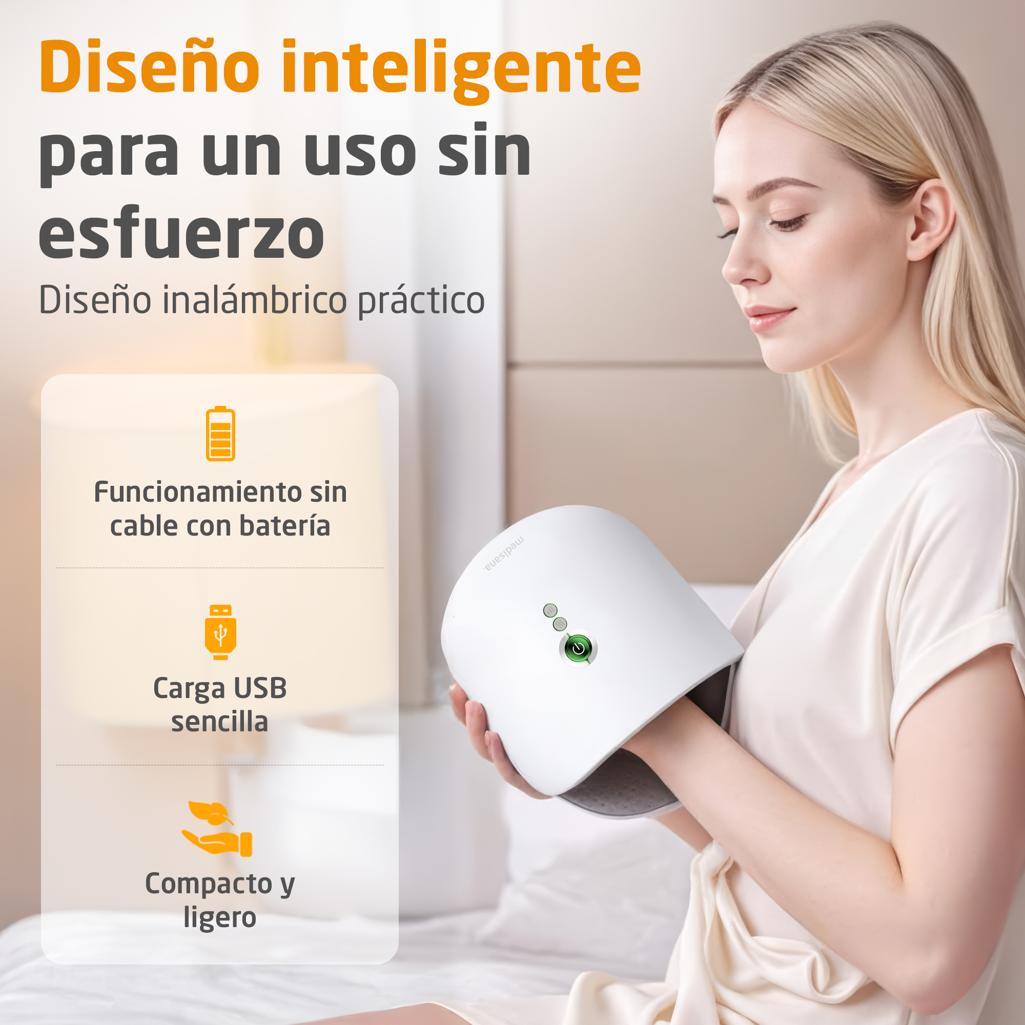Eine Frau hält ein weißes Massagegerät für Hände, das kabellos und USB-ladbar ist.