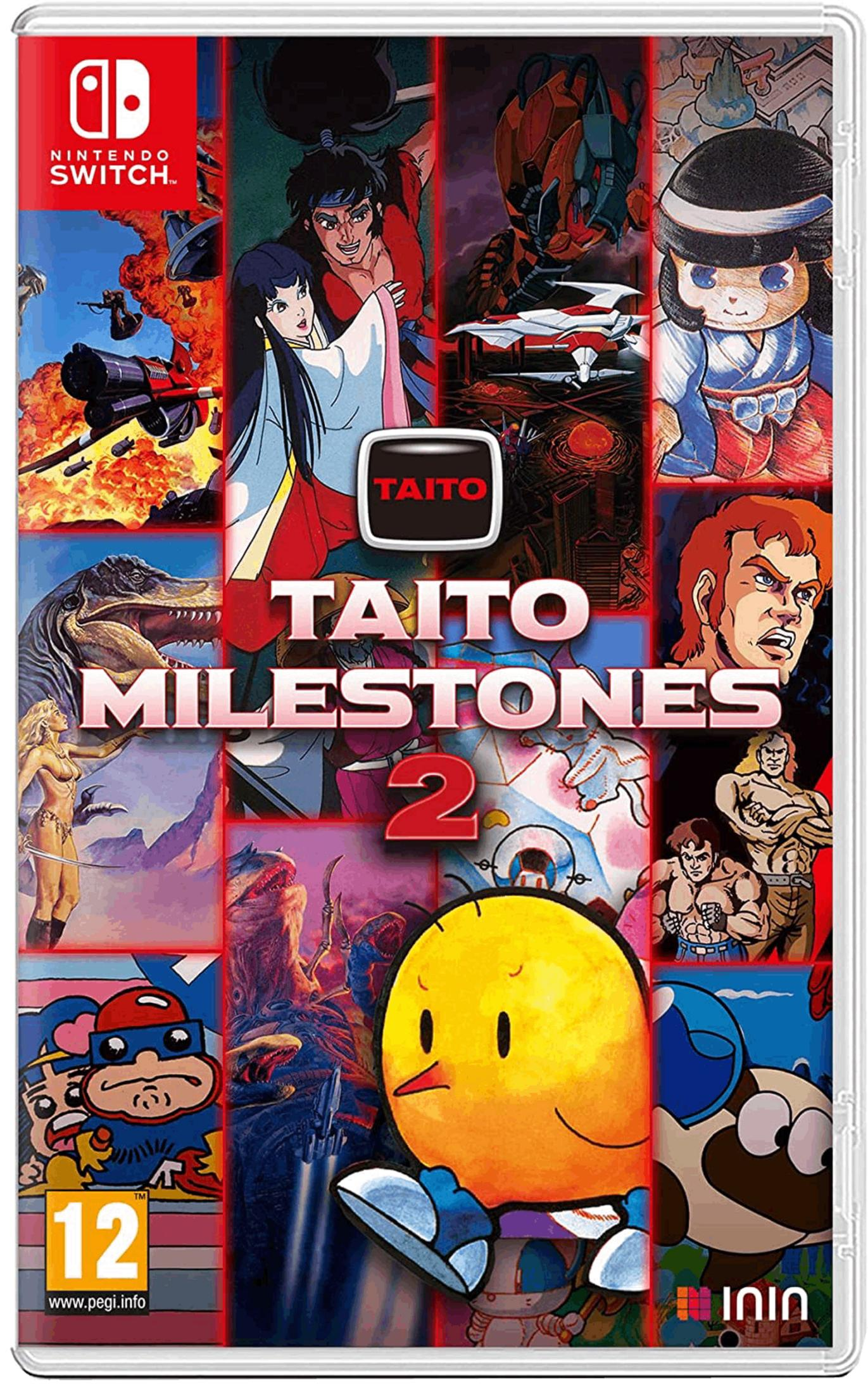 Copertina gioco Nintendo Switch: Taito Milestones 2 con arte di giochi retrò.