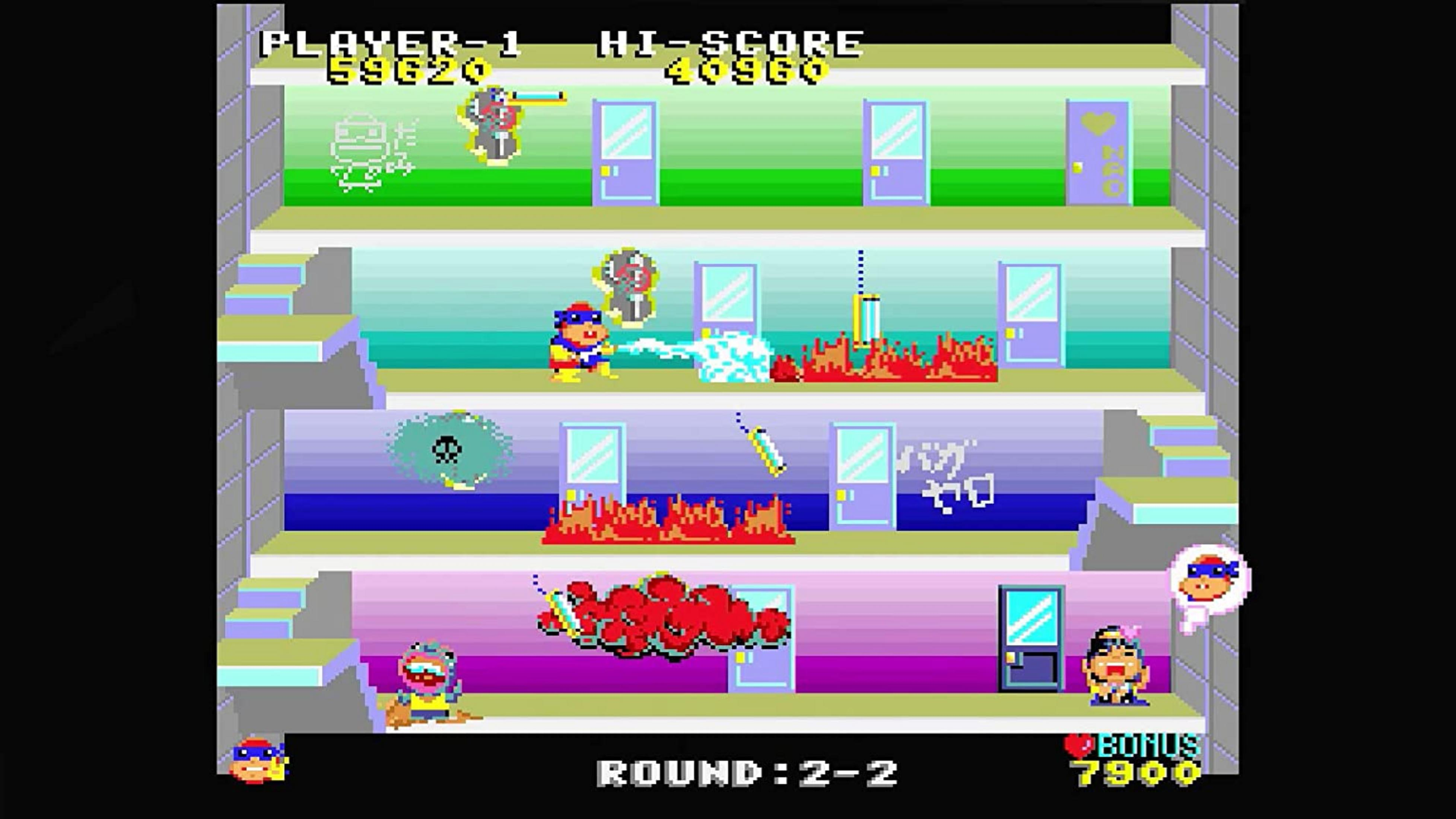 Videogioco pixel con quattro livelli, personaggi e porte.