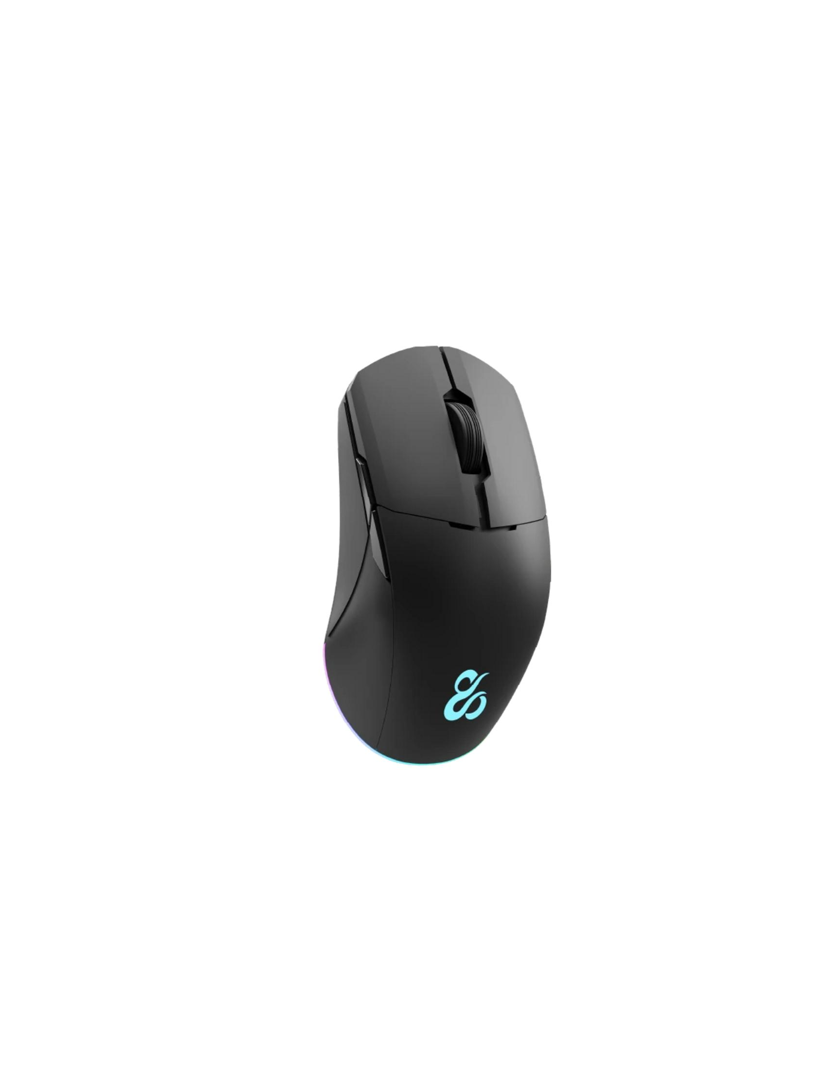 Mouse wireless nero con rotella di scorrimento e logo blu.