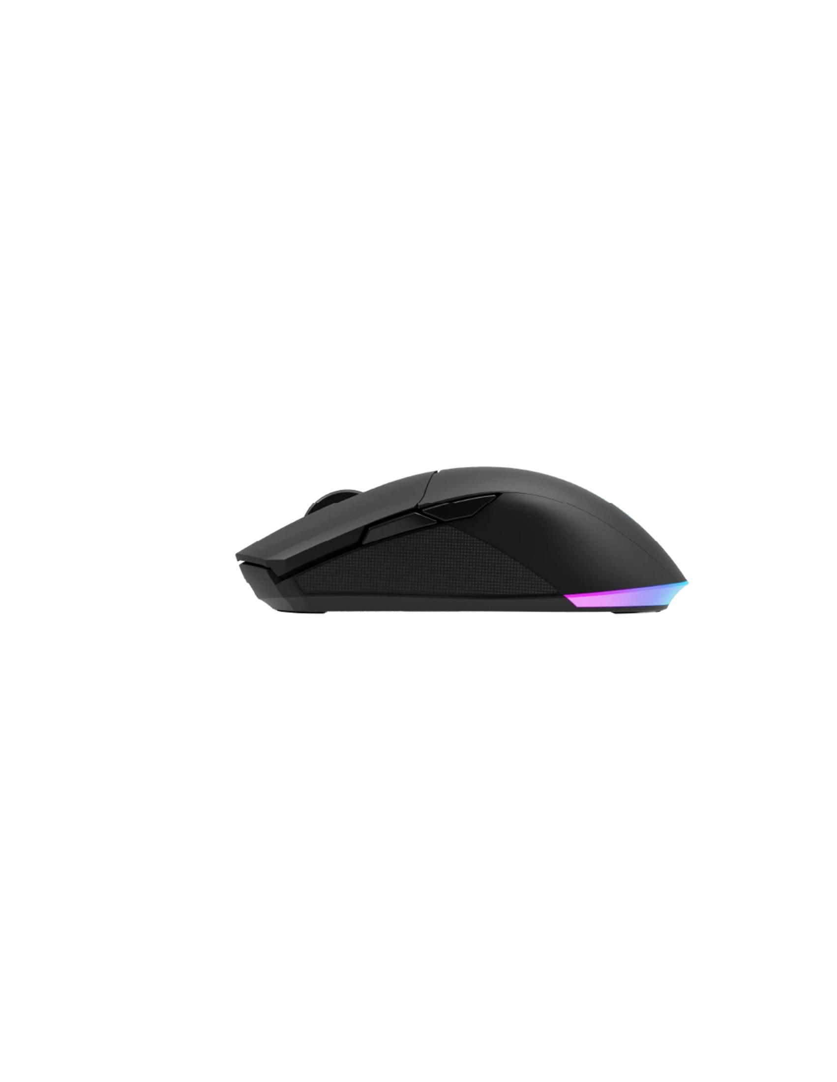 Mouse nero con illuminazione RGB, mostrato di profilo su sfondo bianco.