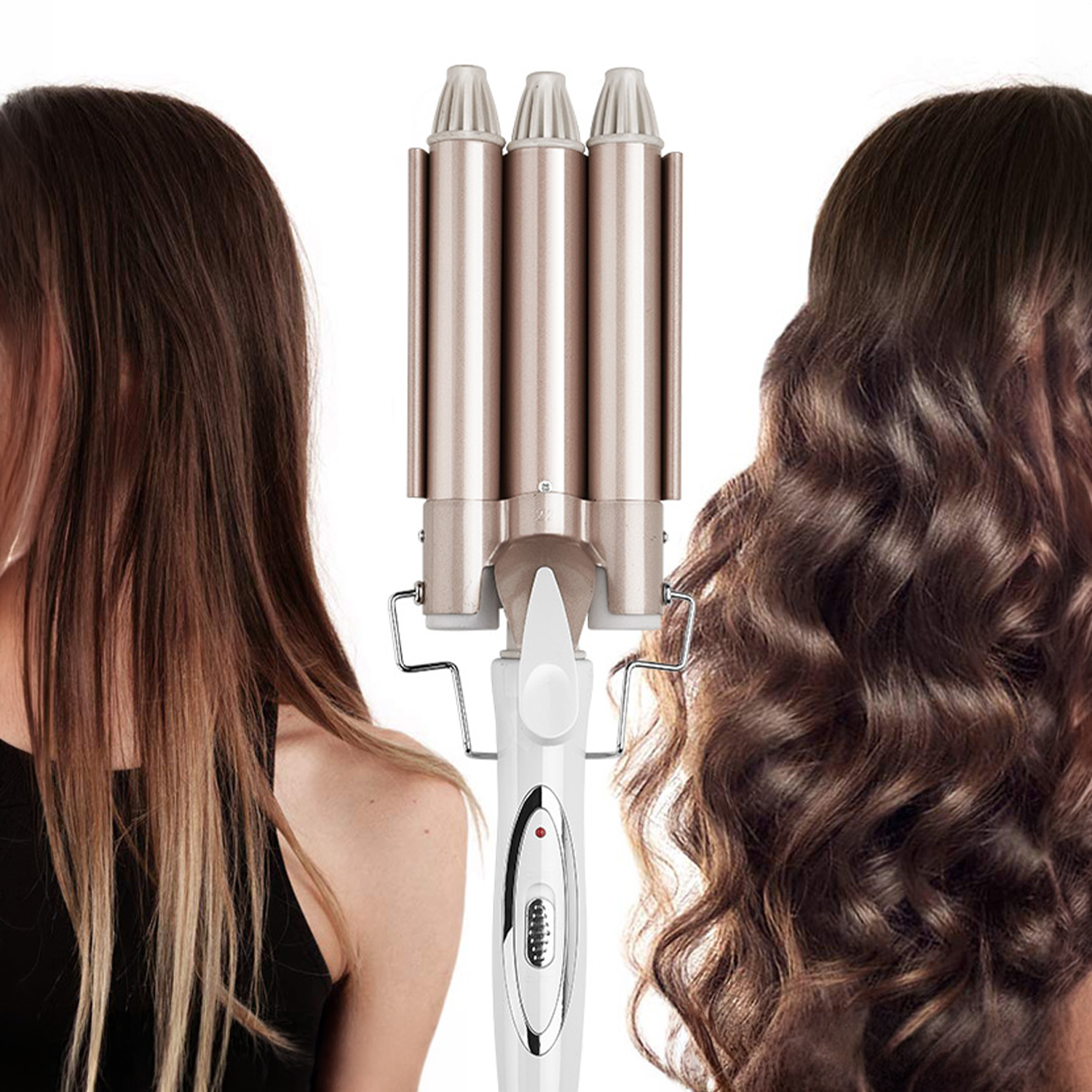 Un rizador triple de oro rosa que muestra cabello liso a la izquierda y cabello ondulado a la derecha.
