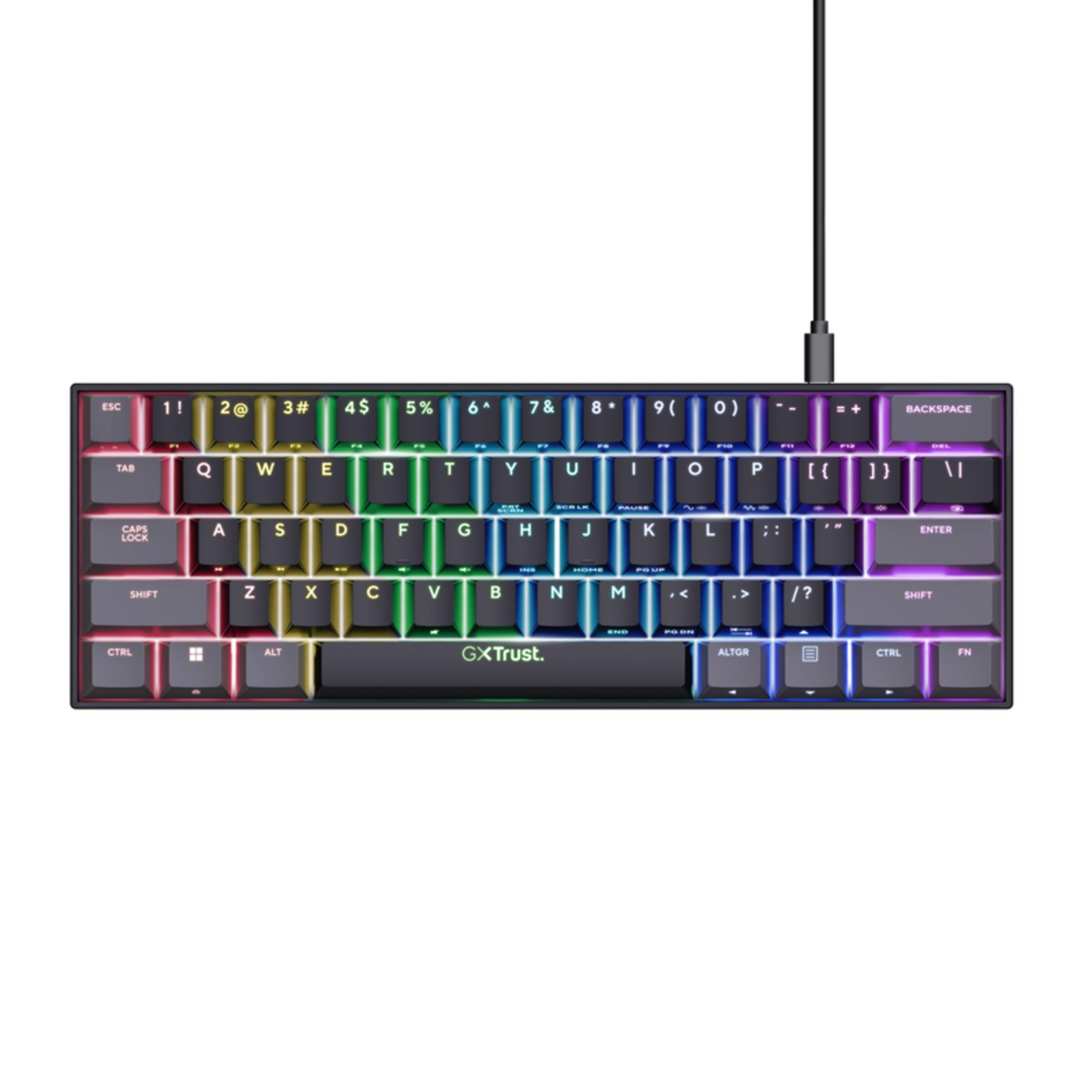 Una tastiera compatta con retroilluminazione RGB e scocca nera.