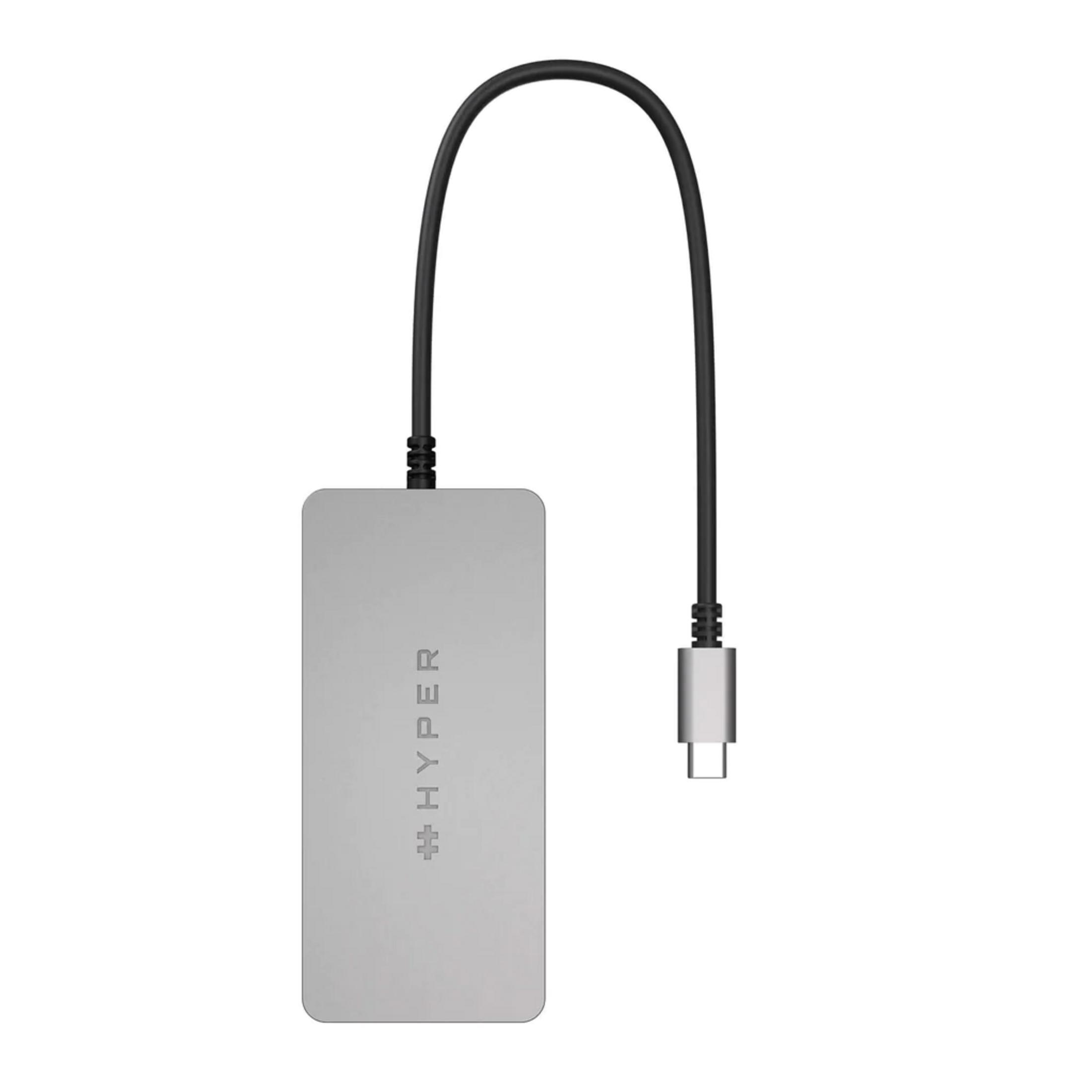 Adaptador USB-C plateado con cable y conector negros.