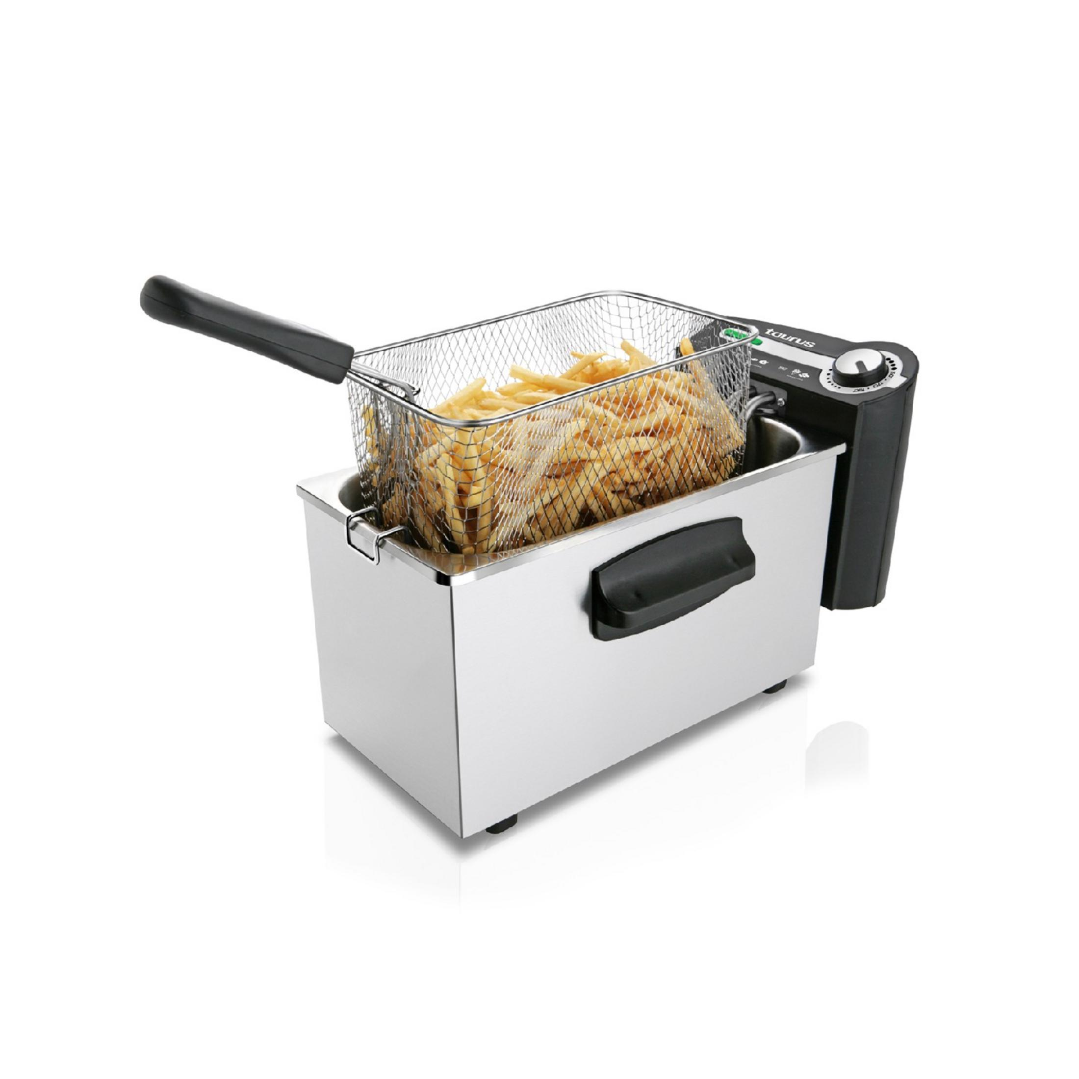 Stainless steel deep fryer with a full basket of golden french fries.