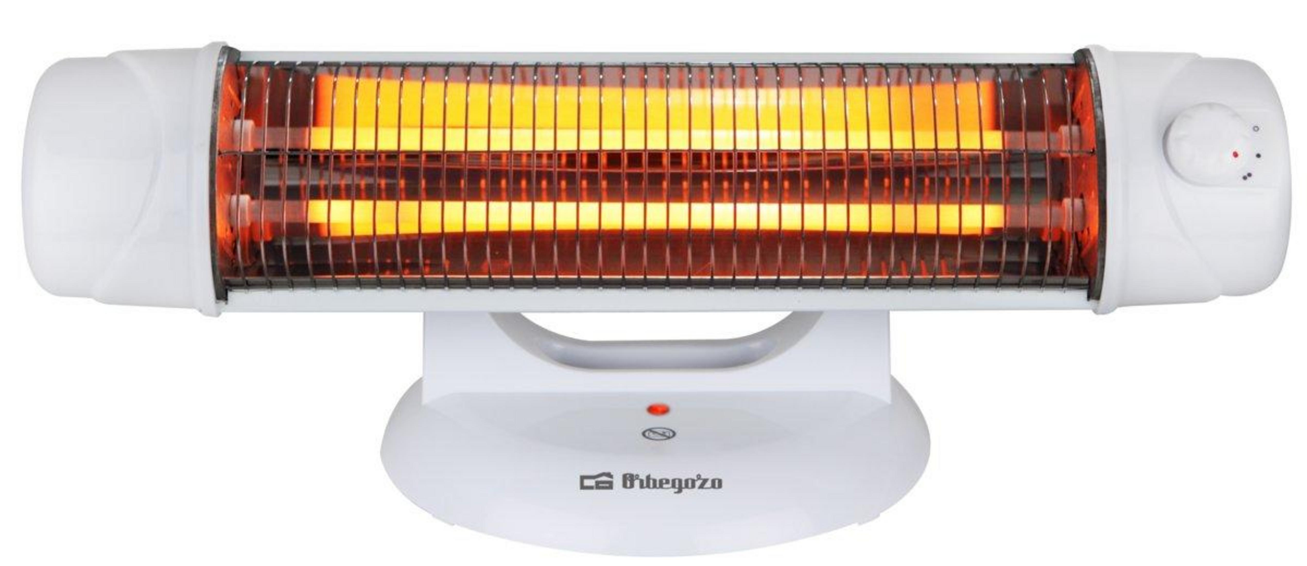 Un calefactor radiante blanco con elementos calefactores incandescentes y un mando giratorio.