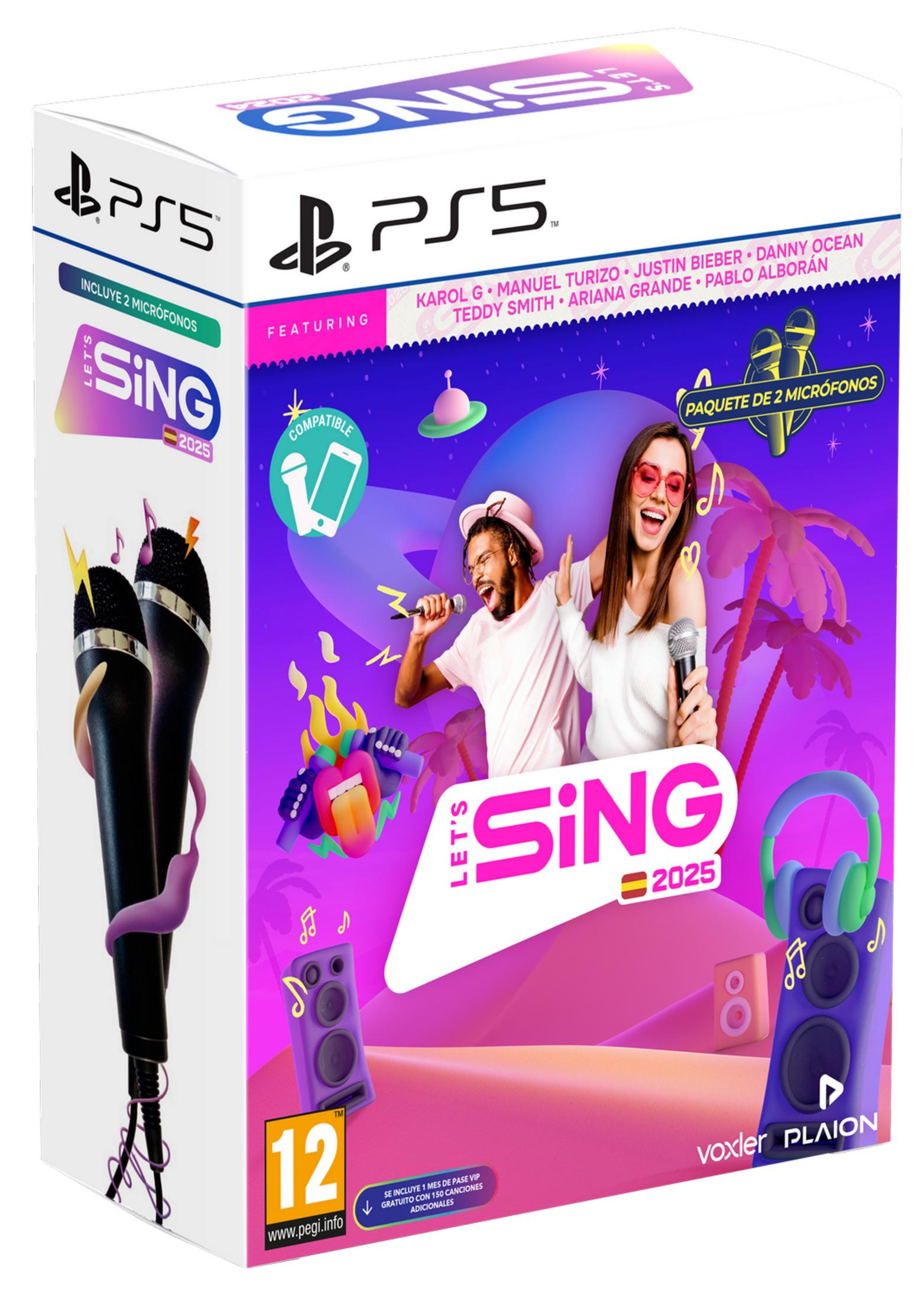 Caja del juego PS5 Sing 2025 con dos micrófonos, dos personas cantando y símbolos musicales.
