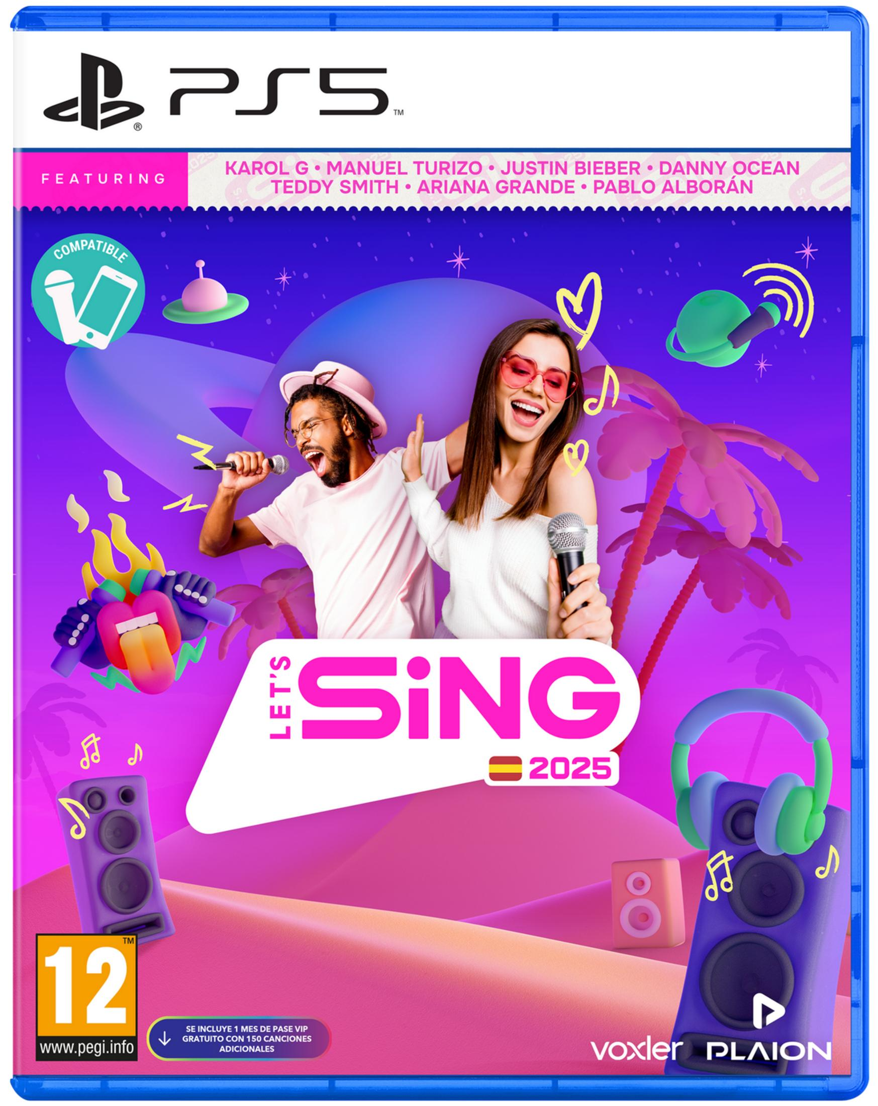 Portada de Let's Sing 2025 para PS5 con pareja cantando e iconos musicales.
