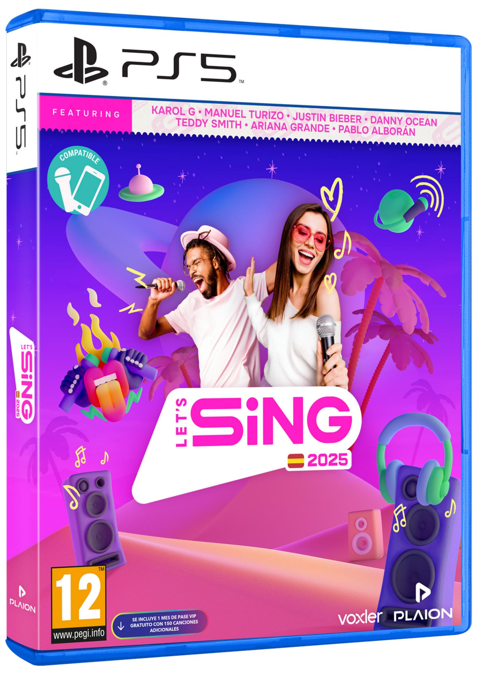 Caja de juego PlayStation 5 para "Let's Sing 2025" con pareja cantando e íconos musicales.