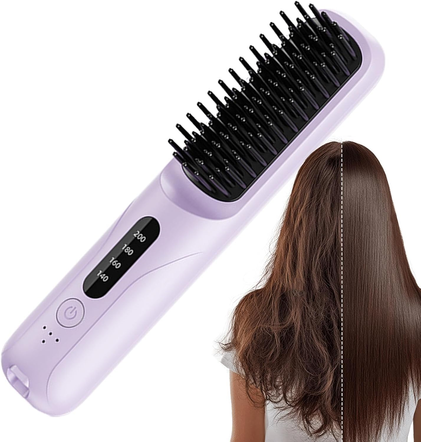 Lila Glättebürste mit schwarzem Kamm, zeigt Vorher/Nachher-Haar. Weißer Hintergrund.