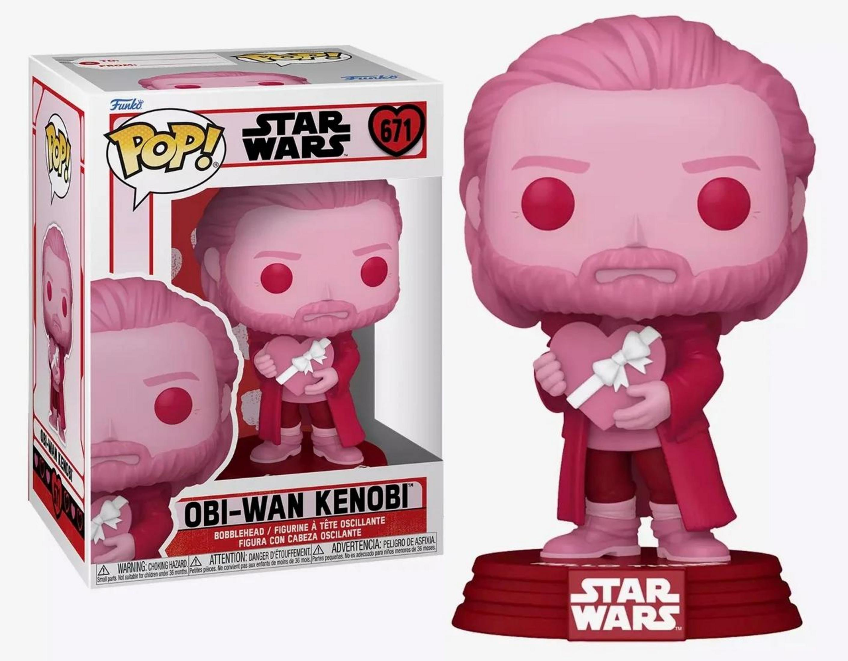 Una figura Funko Pop! rosa de Obi-Wan Kenobi sostiene un regalo en forma de corazón con un lazo blanco.