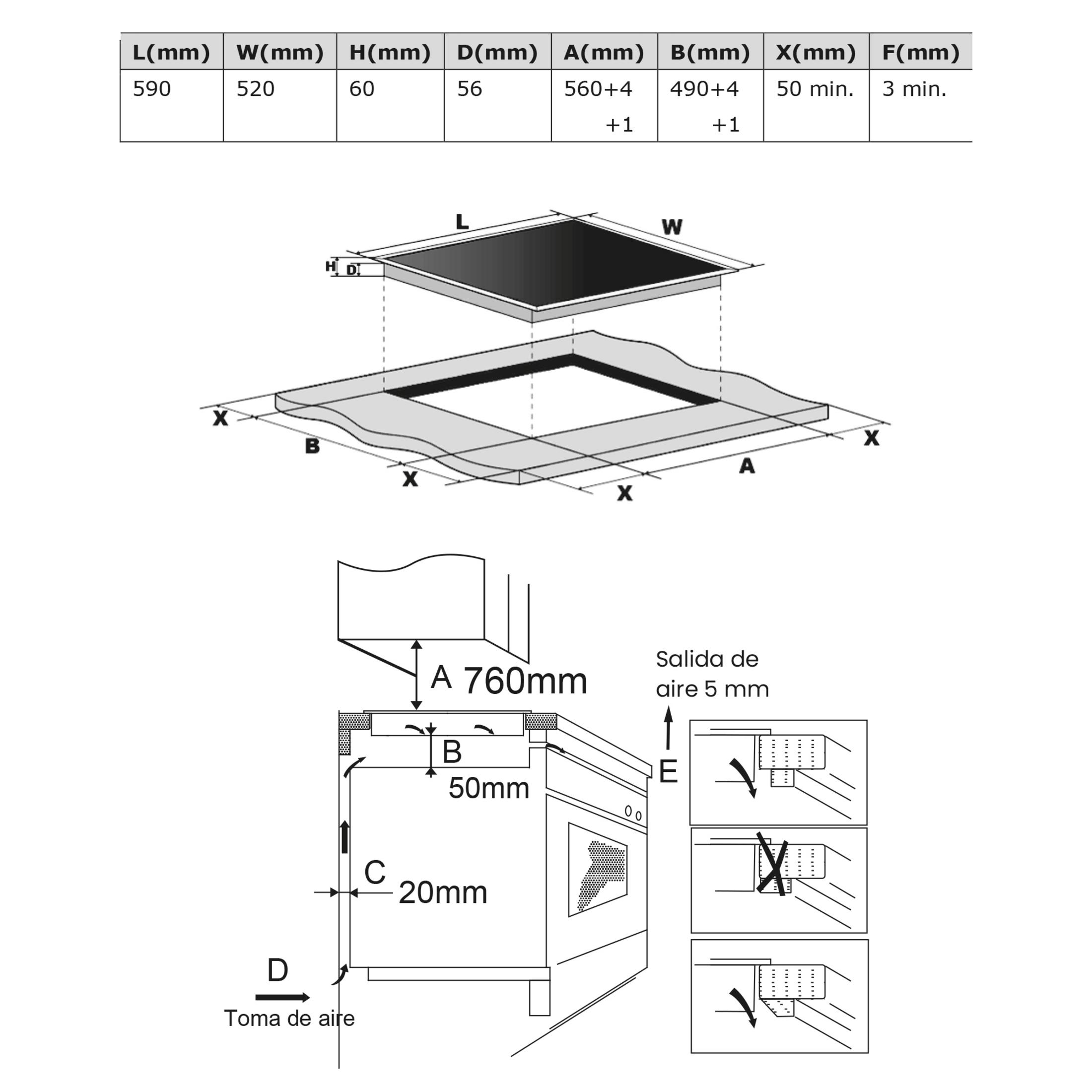 Dibujo técnico de una placa de cocina con dimensiones y detalles de instalación.