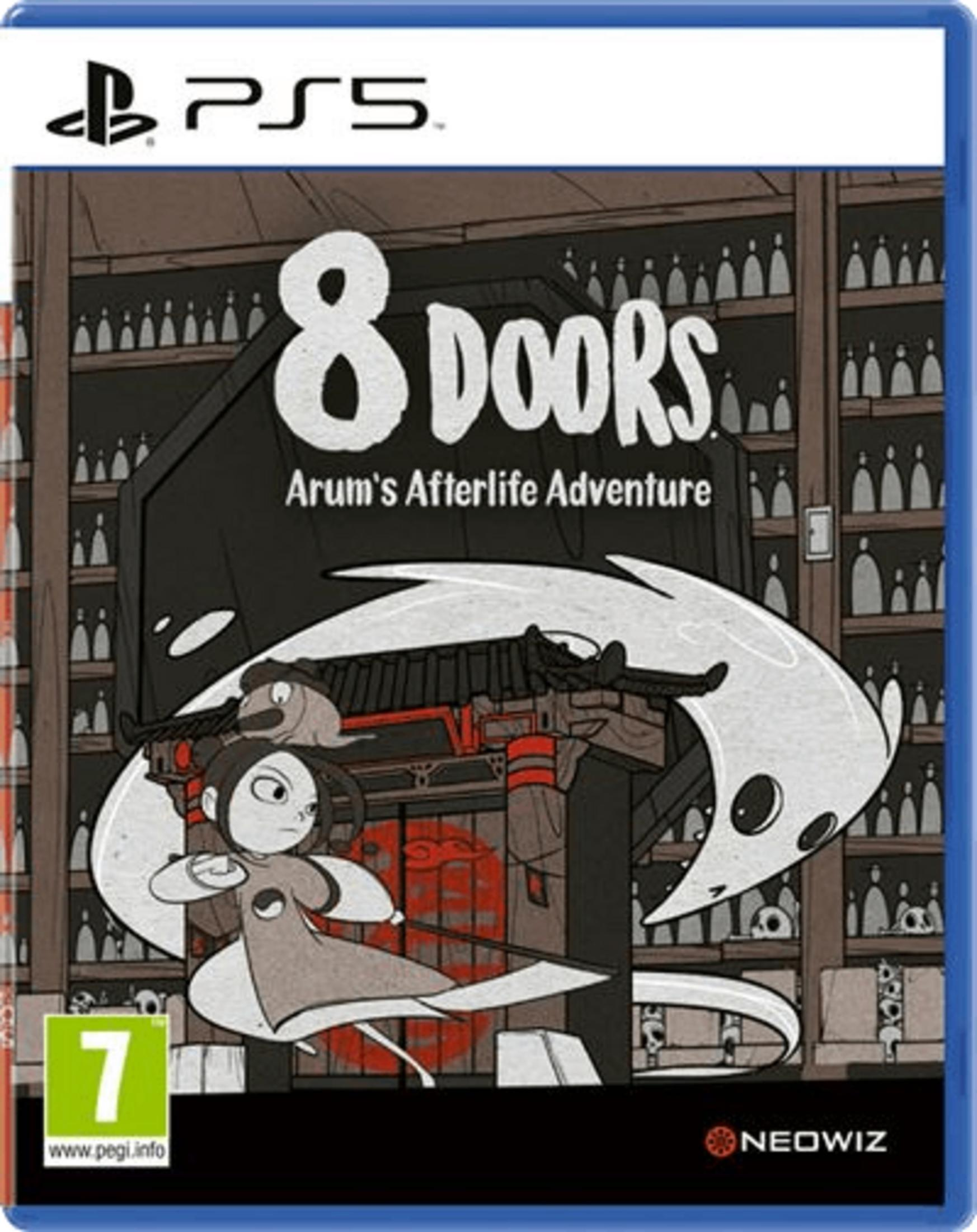 Copertina gioco PS5: '8 Doors Arum's Afterlife Adventure' con personaggi dei cartoni.
