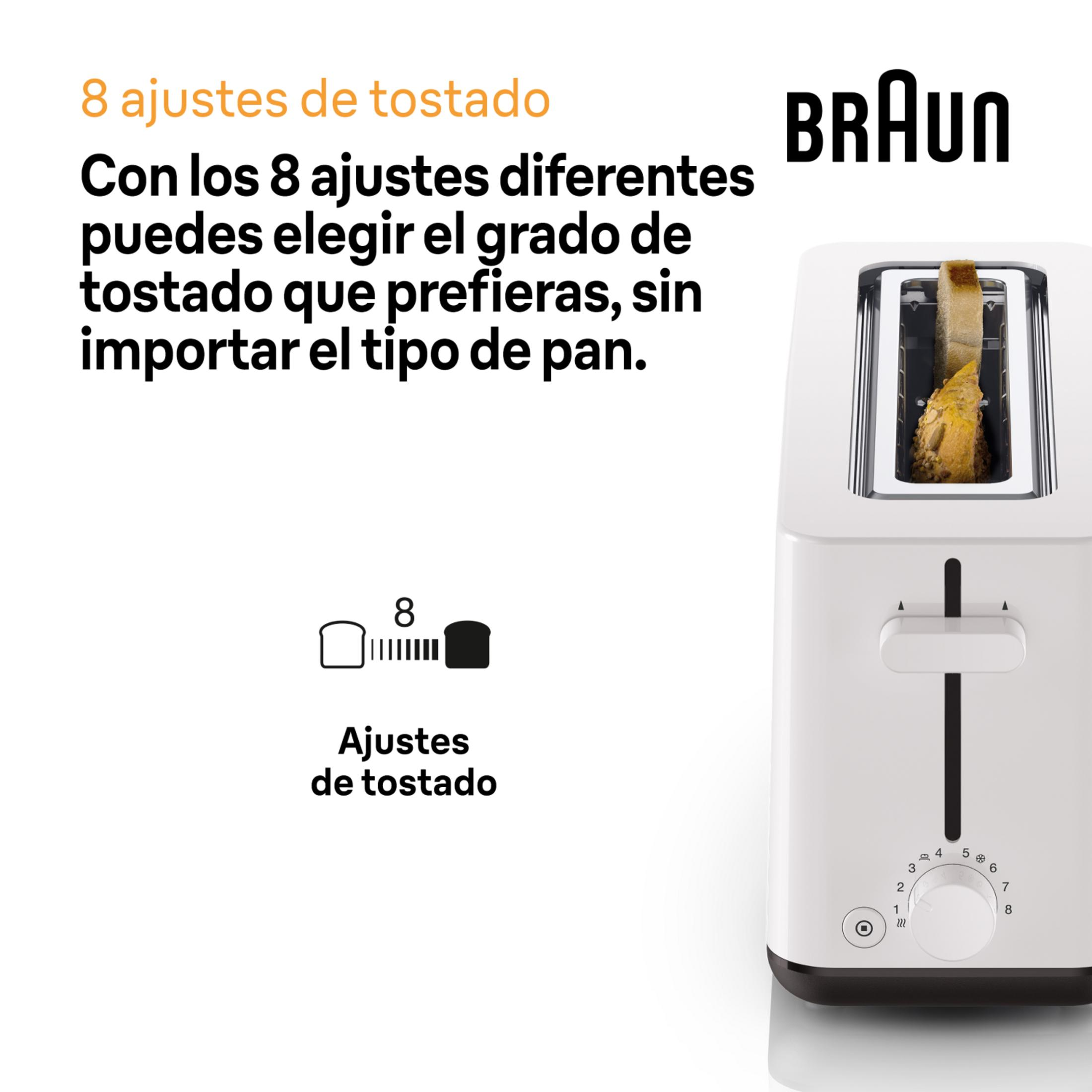 Ein weißer Braun Toaster mit 8 Röststufen und einem Toast im Schlitz.