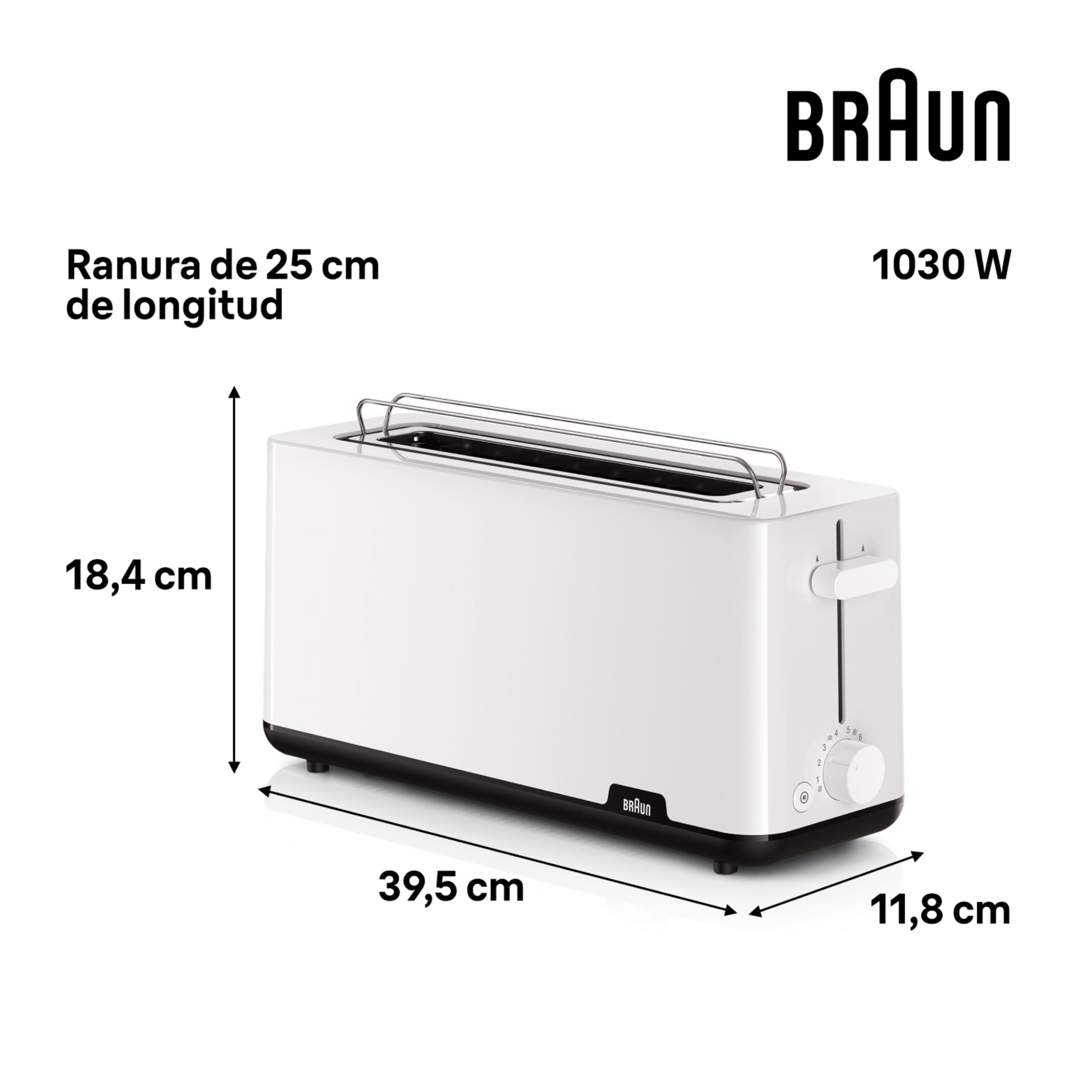 Weiße Braun 1030W Toaster mit Maßen und Schlitzen.