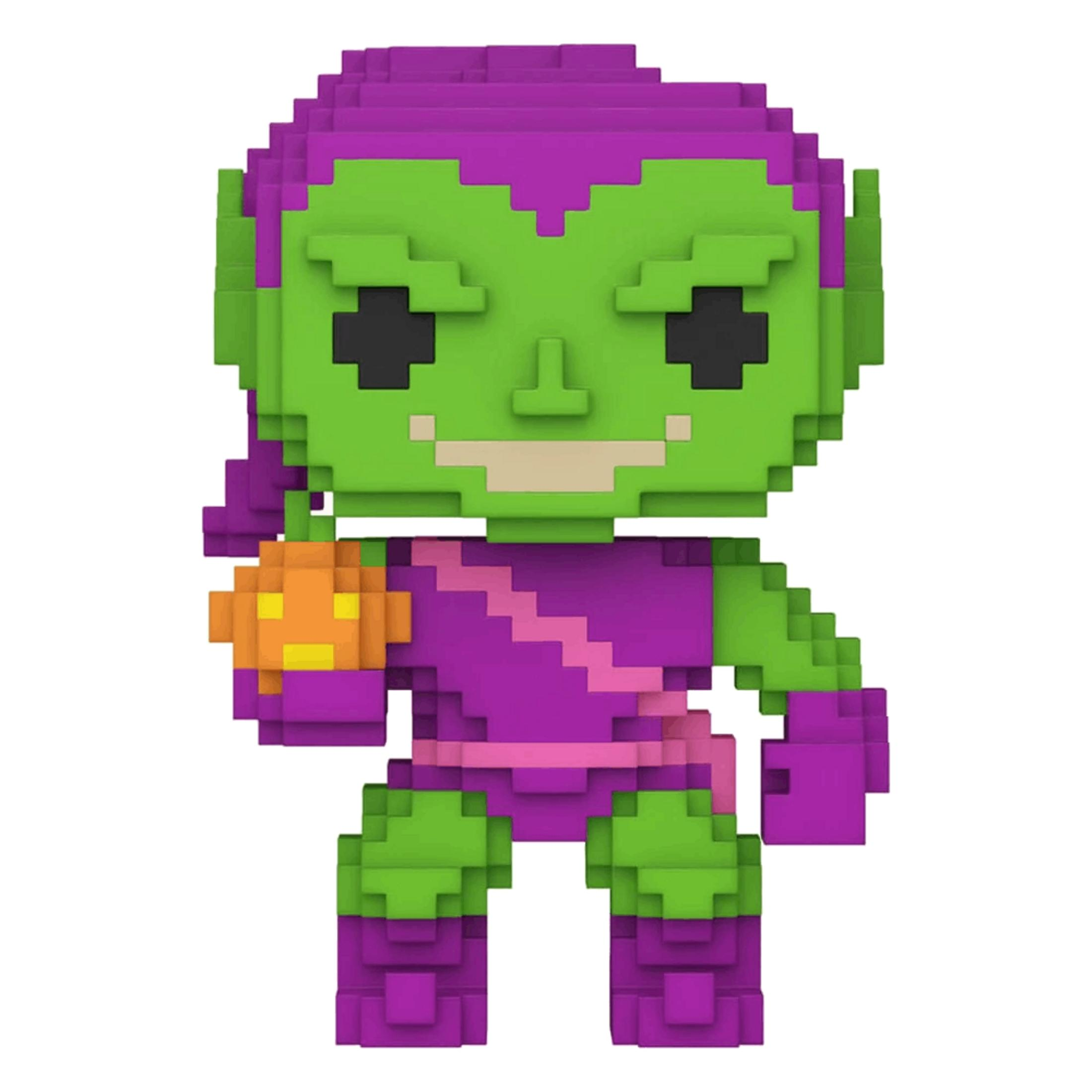 Duende pixelado con calabaza en morado y verde.