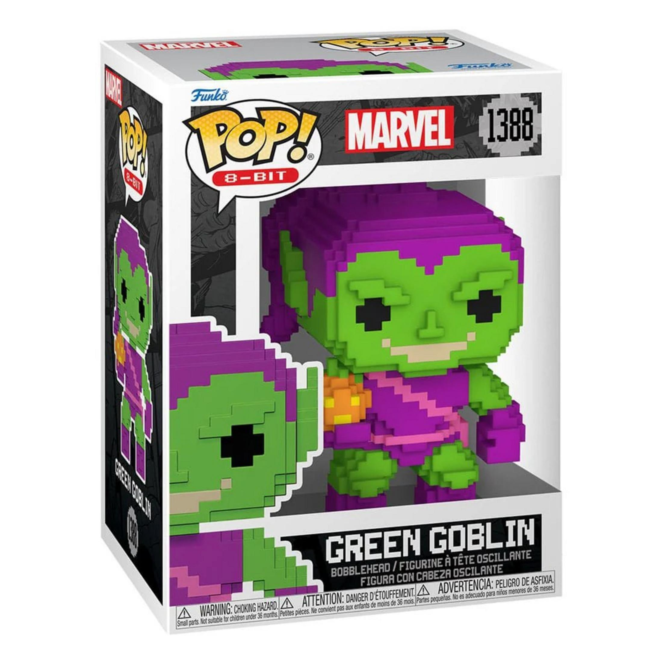 Figura Funko Pop 8-Bit Green Goblin en caja con logo Marvel y 8-Bit.