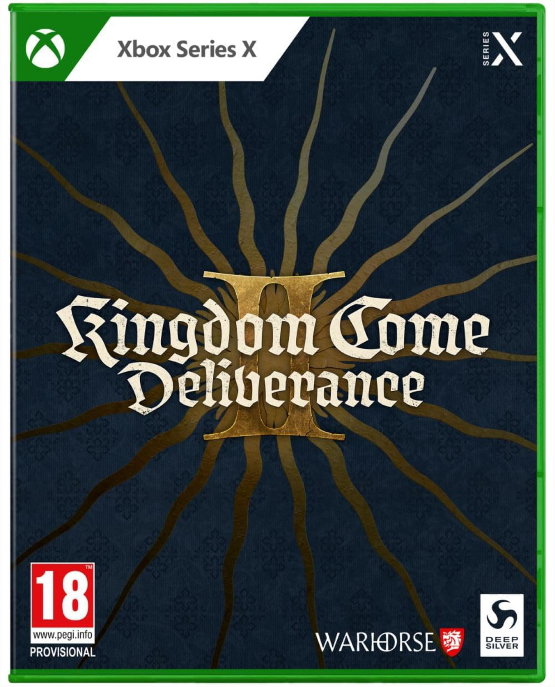 Pudełko gry Kingdom Come Deliverance II na Xbox Series X ze złotym napisem i ciemnym tłem.