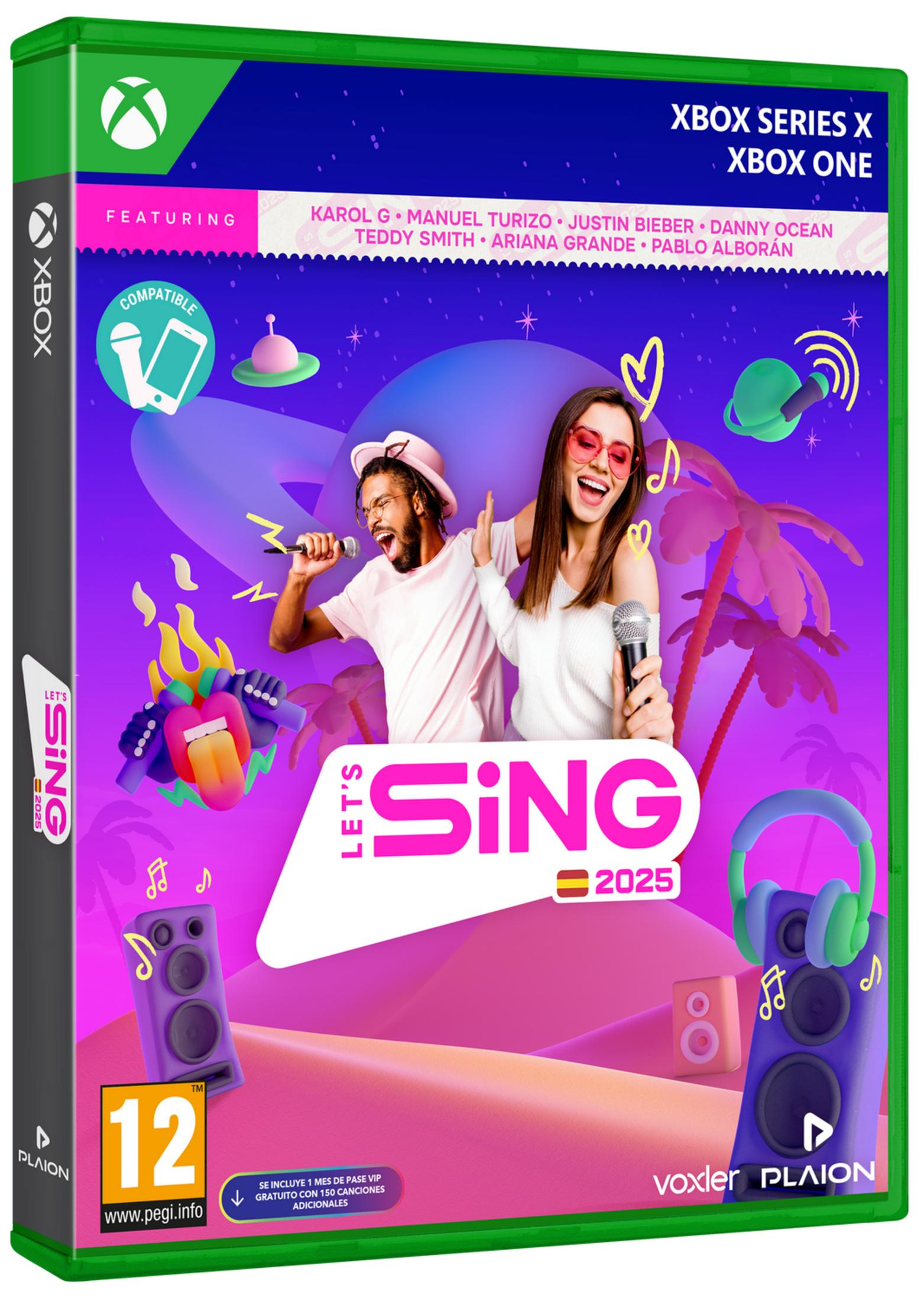 Carátula de Let's Sing 2025 para Xbox con pareja cantando, micrófonos y auriculares.