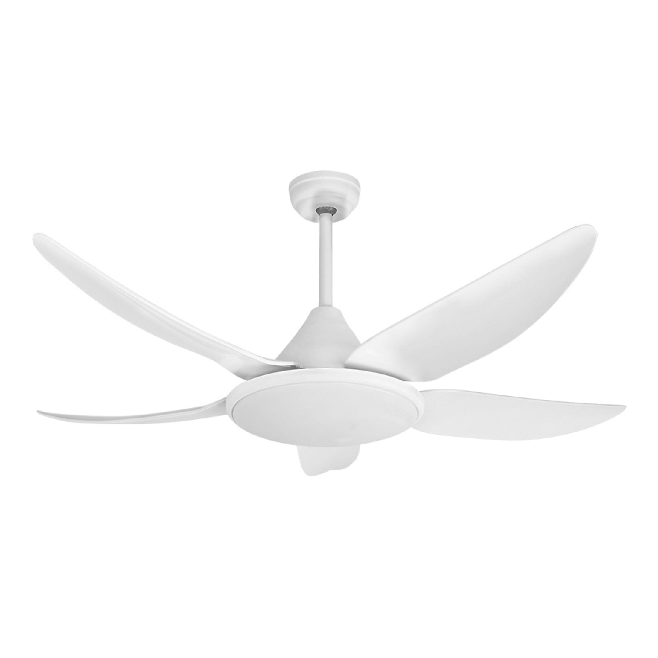 Een witte plafondventilator met vijf bladen en een centrale verlichting.