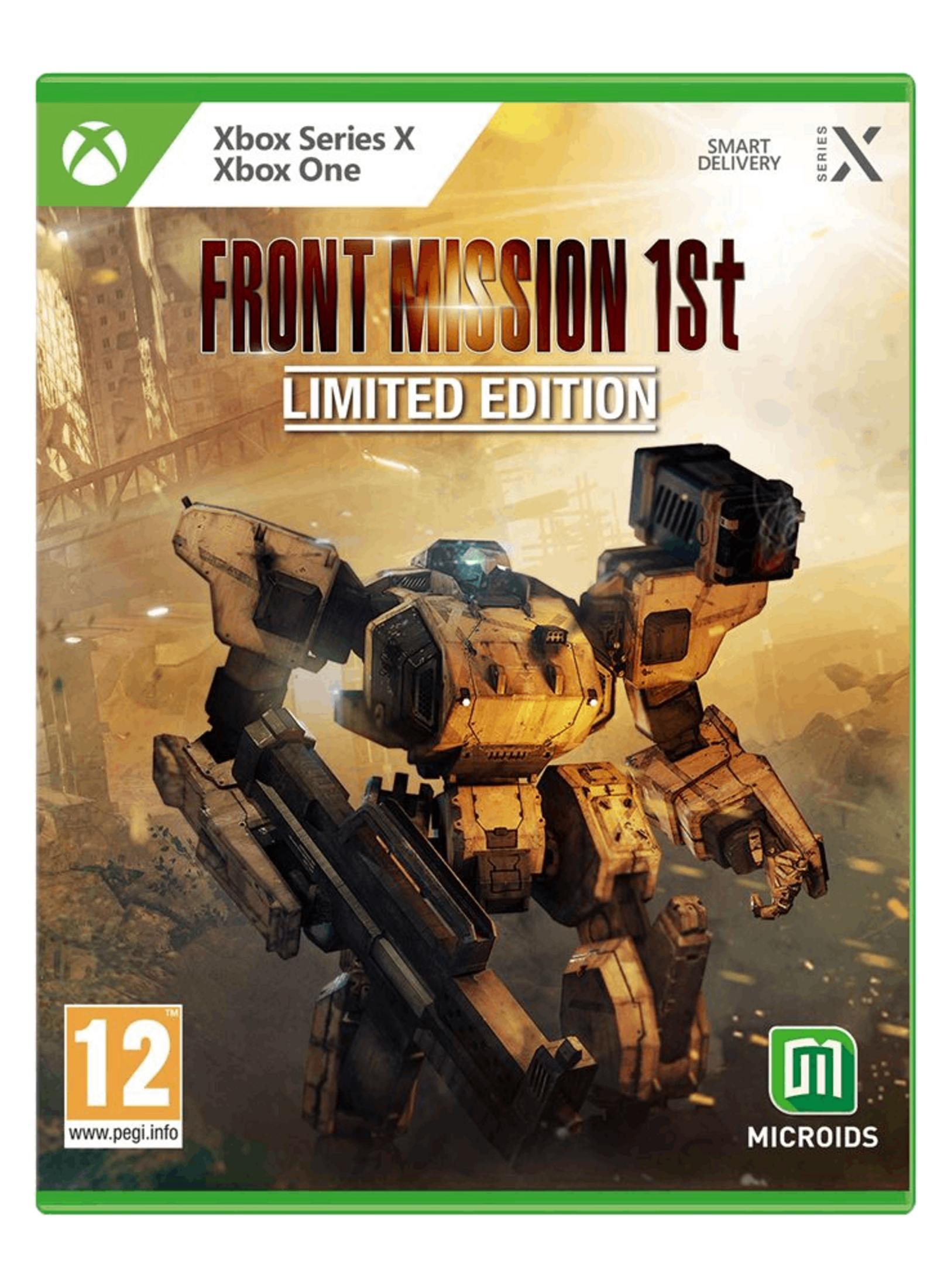 Un mech giallo con armi si erge su uno sfondo cittadino. La copertina dice 'Front Mission 1st'.